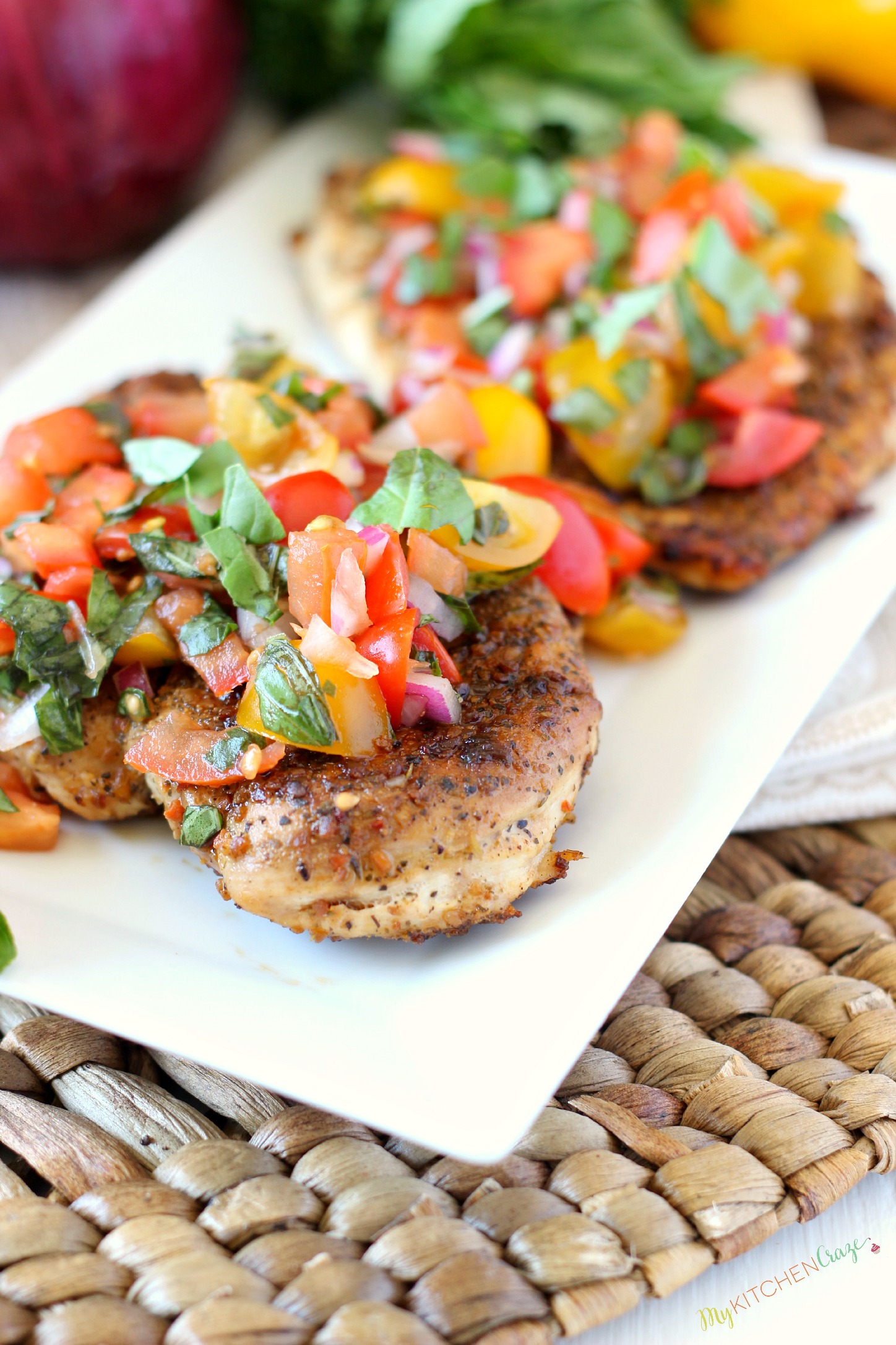 Bruschetta Chicken ~ mykitchencraze.com ~ A delicious and flavorful meal that the whole family will love.