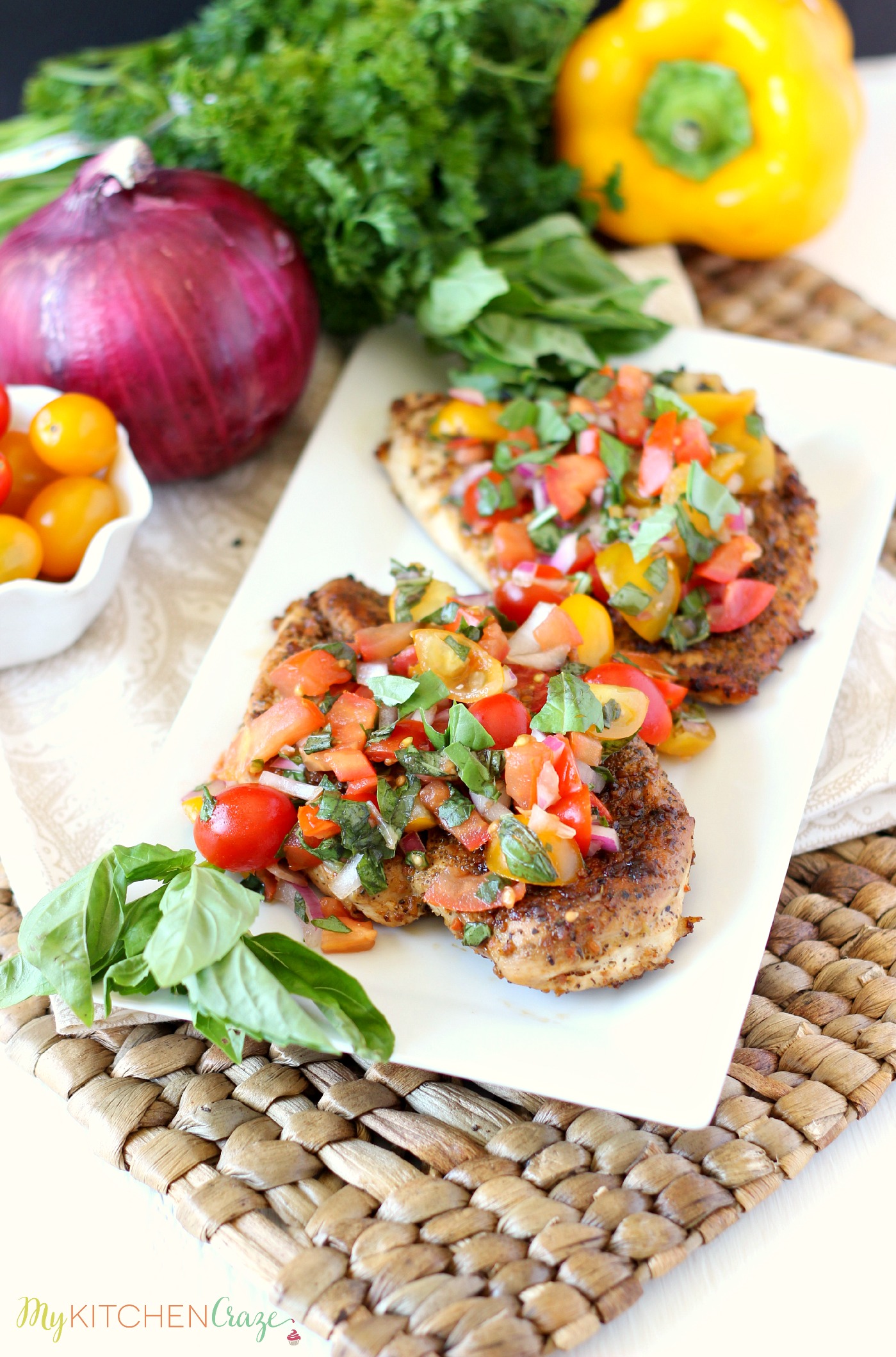 Bruschetta Chicken ~ mykitchencraze.com ~ A delicious and flavorful meal that the whole family will love.