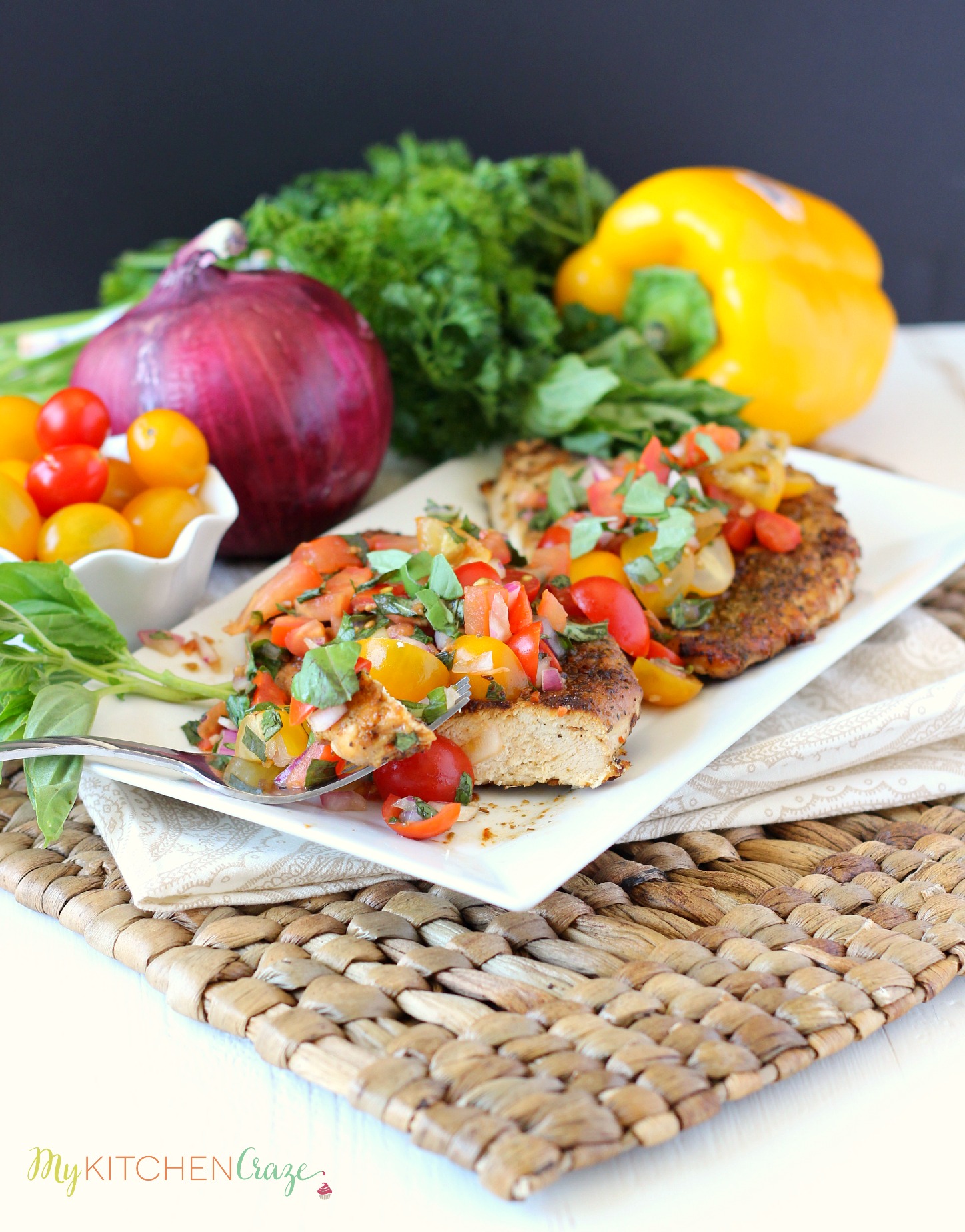 Bruschetta Chicken ~ mykitchencraze.com ~ A delicious and flavorful meal that the whole family will love.