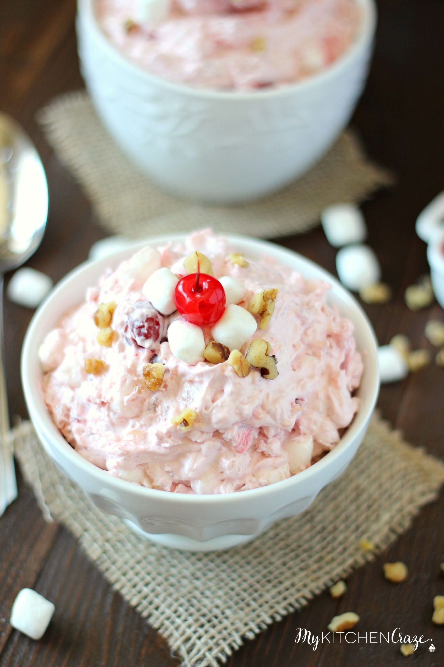 Cherry Walnut Fluff Salad ~ mykitchencraze.com ~ Easy and quick cherry fruit salad. Perfect for all occasions.