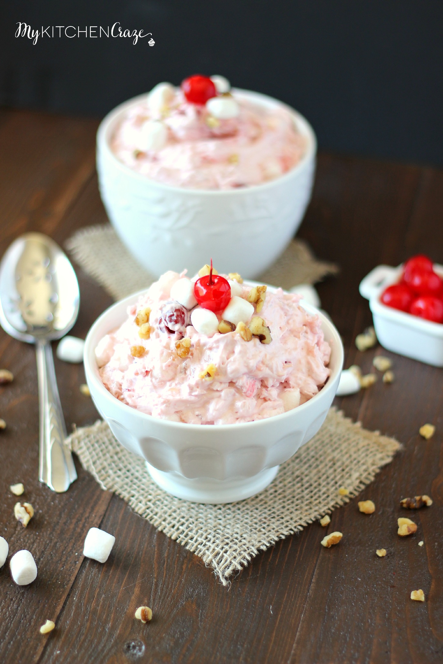 Cherry Walnut Fluff Salad ~ mykitchencraze.com ~ Easy and quick cherry fruit salad. Perfect for all occasions.