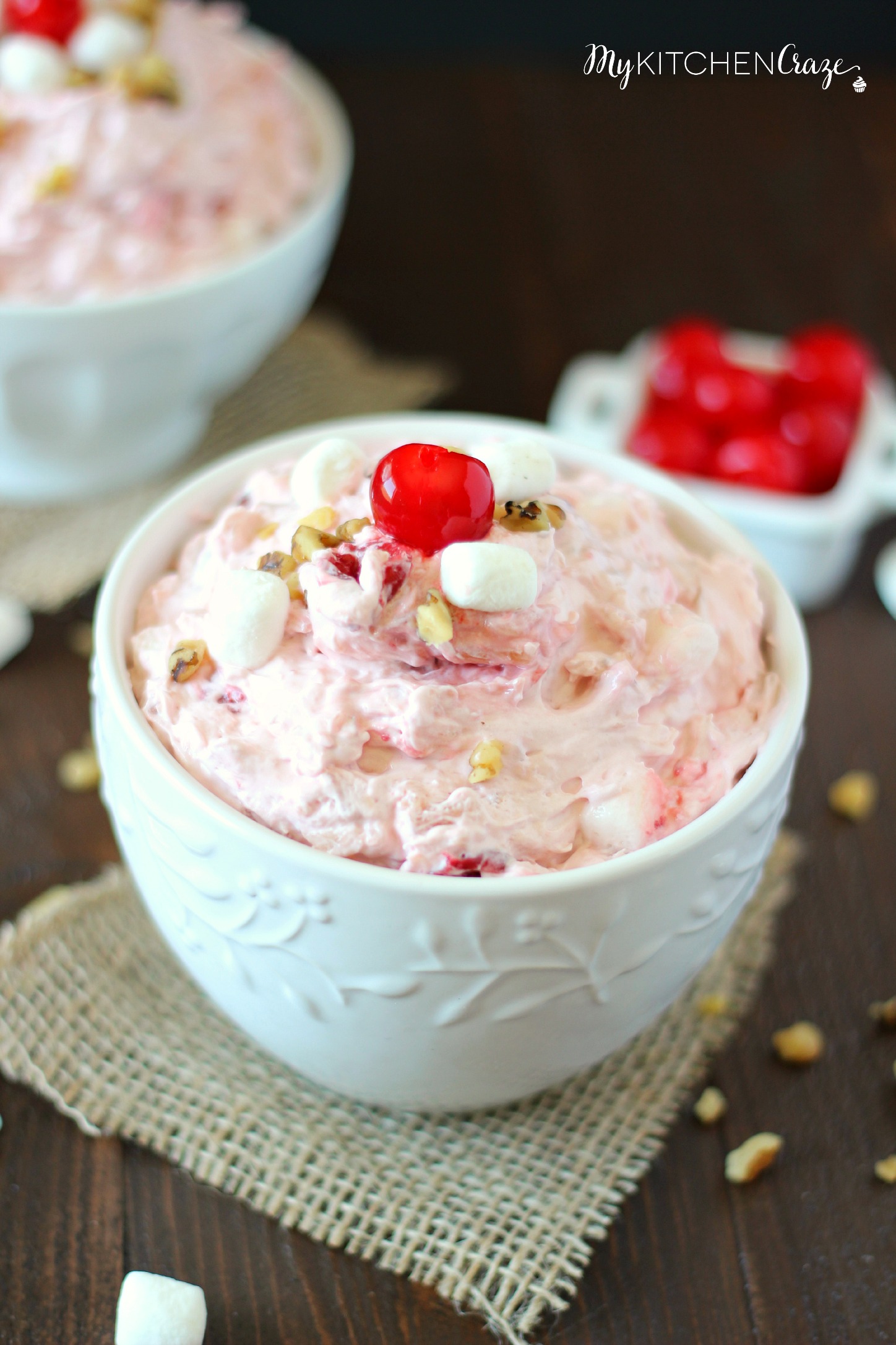 Cherry Walnut Fluff Salad ~ mykitchencraze.com ~ Easy and quick cherry fruit salad. Perfect for all occasions.