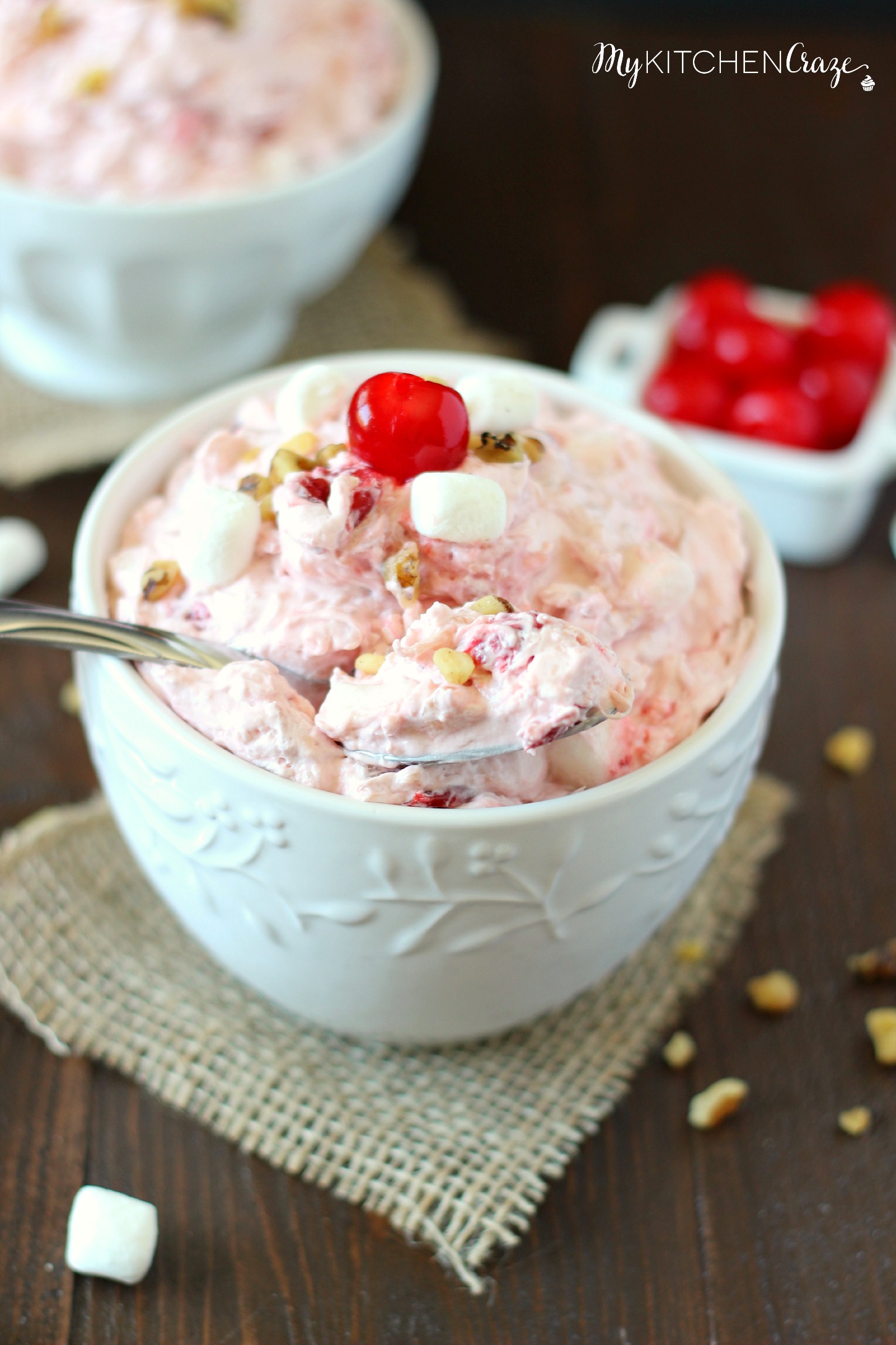 Cherry Walnut Fluff Salad ~ mykitchencraze.com ~ Easy and quick cherry fruit salad. Perfect for all occasions.