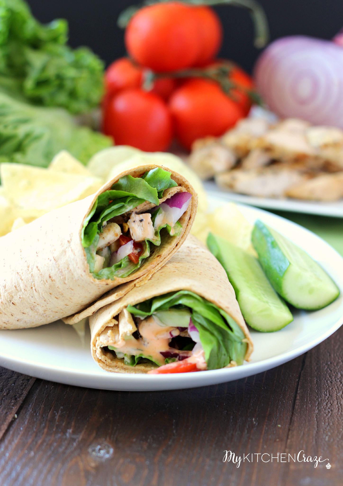 Buffalo Ranch Chicken Wrap ~ mykitchencraze.com ~ Grilled chicken smothered in buffalo ranch sauce, then added with your favorite vegetables and a wrap. Healthy, quick and delicious!