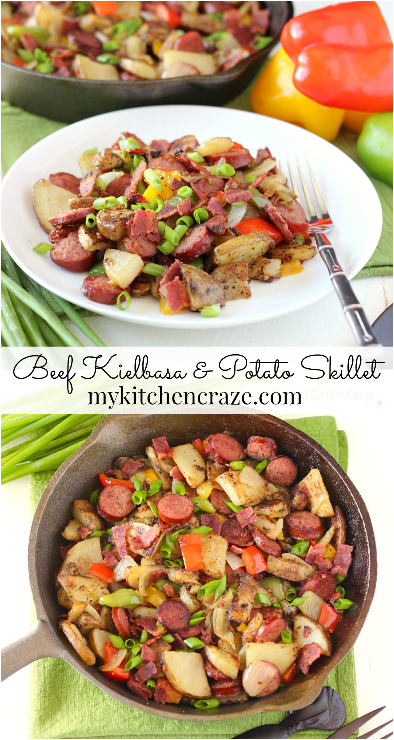 Beef Kielbasa & Potato Skillet ~ mykitchencraze.com ~ Beef Kielbasa and Potato Skillet is a hearty delicious meal. On your table within 30 minutes and only uses one skillet, this dish makes cooking and cleaning a breeze.