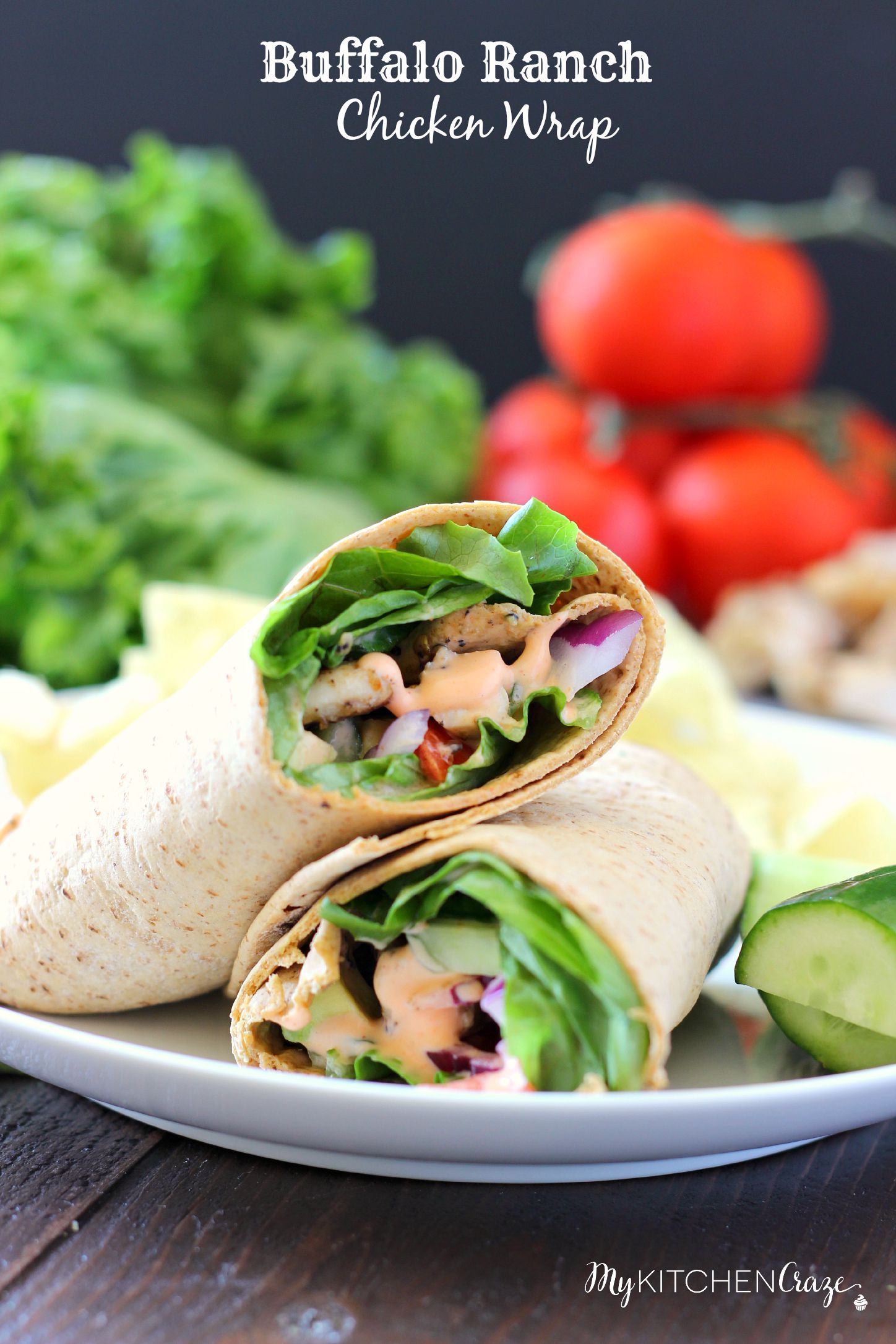 Buffalo Ranch Chicken Wrap ~ mykitchencraze.com ~ Grilled chicken smothered in buffalo ranch sauce, then added with your favorite vegetables and a wrap. Healthy, quick and delicious!