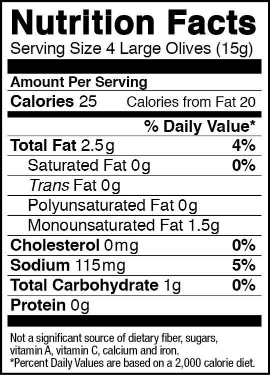 California Ripe Olives Nutrition Label