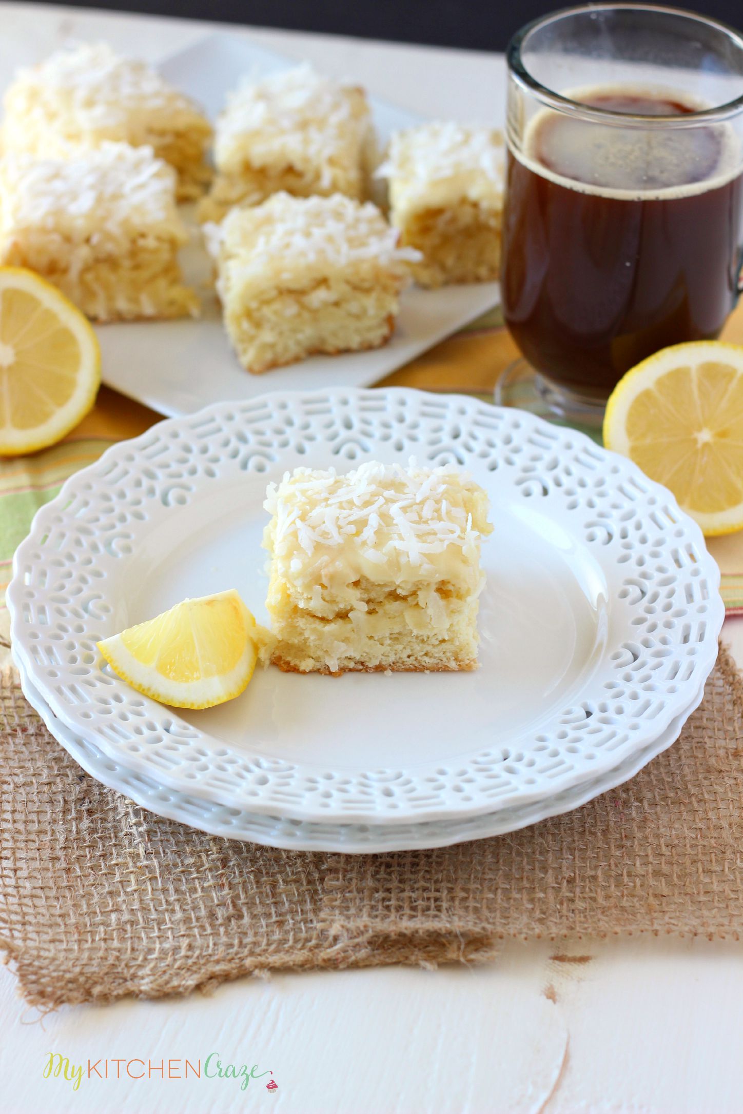 Coconut Lemon Blondies ~ mykitchencraze.com ~ Moist and flavorful coconut lemon blondies, frosted with a creamy white chocolate frosting. These blondies are great for any get together or just because. You'll love them!