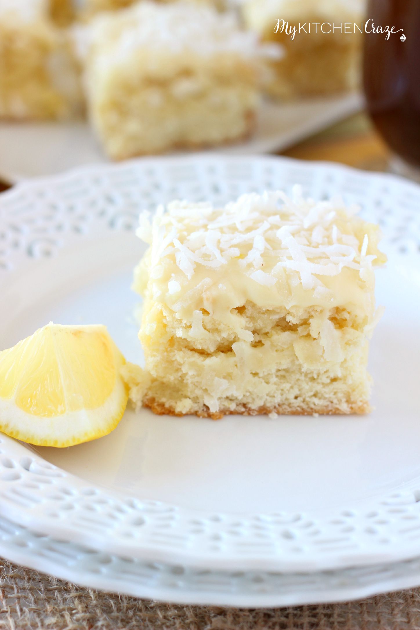 Coconut Lemon Blondies ~ mykitchencraze.com ~ Moist and flavorful coconut lemon blondies, frosted with a creamy white chocolate frosting. These blondies are great for any get together or just because. You'll love them!