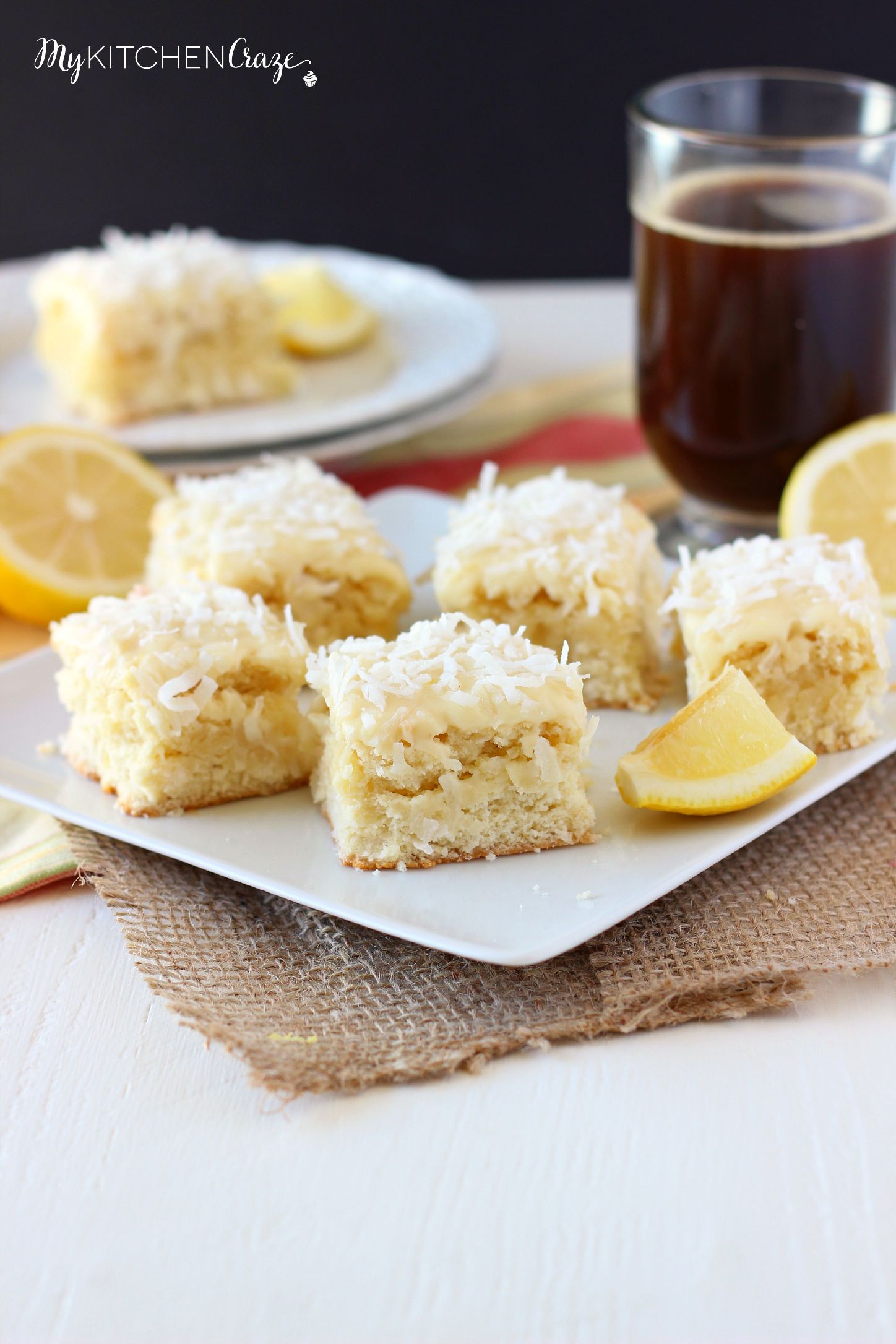 Coconut Lemon Blondies ~ mykitchencraze.com ~ Moist and flavorful coconut lemon blondies, frosted with a creamy white chocolate frosting. These blondies are great for any get together or just because. You'll love them!