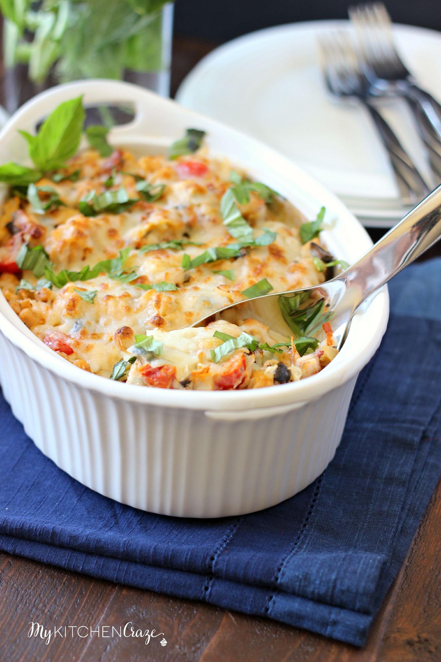 Mediterranean Chicken Pasta Bake ~ mykitchencraze.com ~ Creamy pasta, filled with delicious vegetables and baked to perfection!