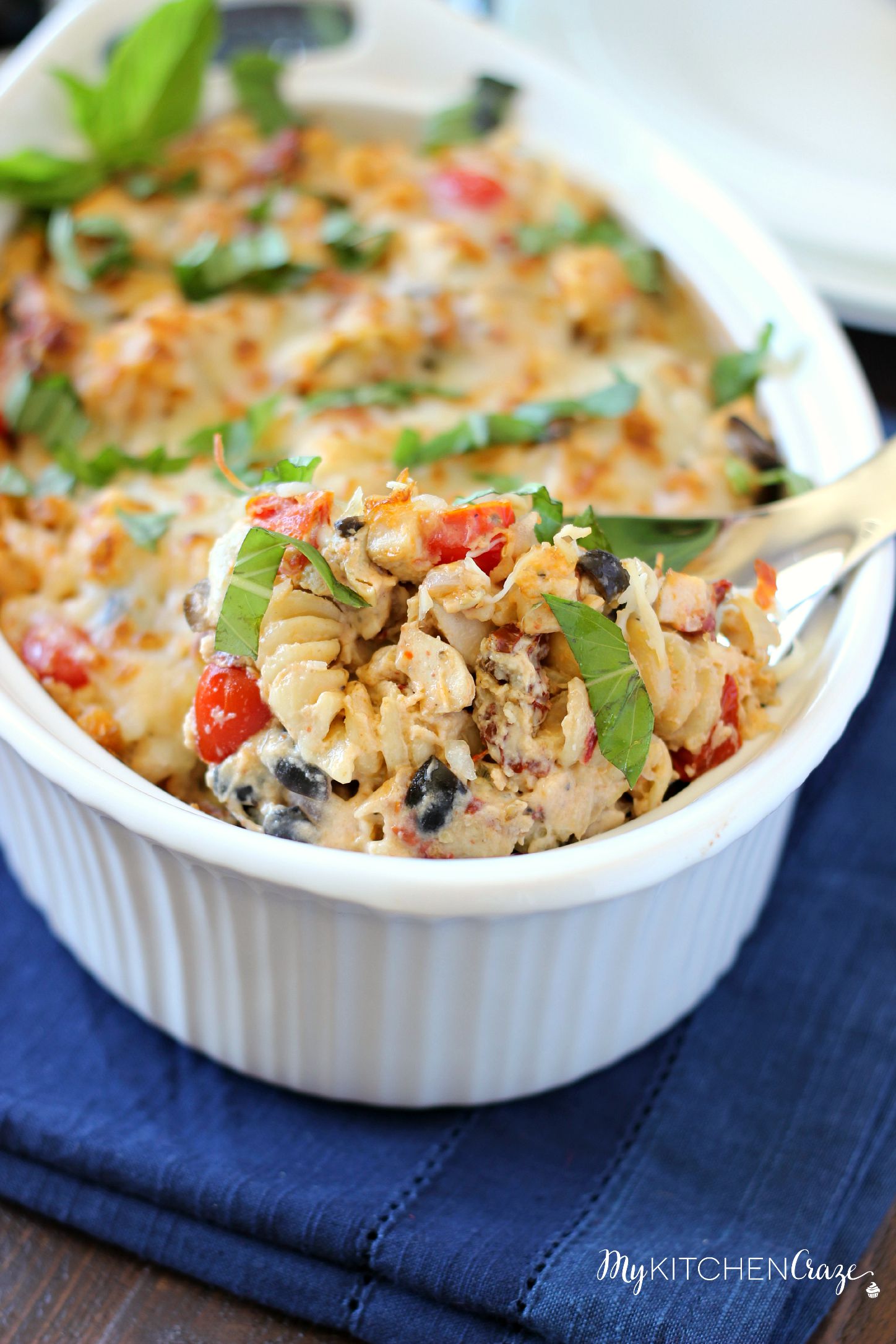 Mediterranean Chicken Pasta Bake ~ mykitchencraze.com ~ Creamy pasta, filled with delicious vegetables and baked to perfection!