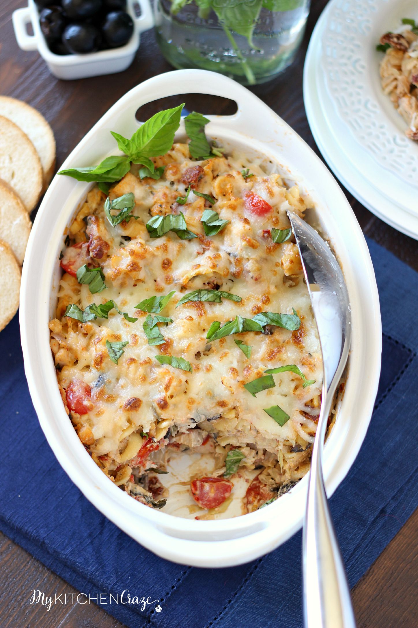 Mediterranean Chicken Pasta Bake ~ mykitchencraze.com ~ Creamy pasta, filled with delicious vegetables and baked to perfection!