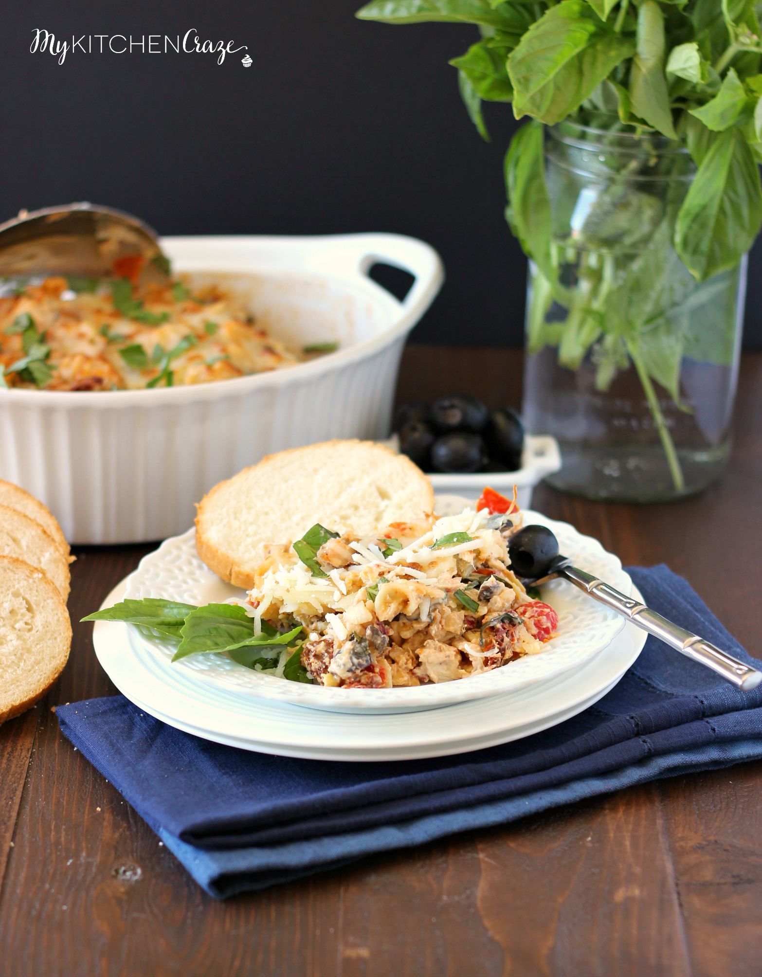 Mediterranean Chicken Pasta Bake ~ mykitchencraze.com ~ Creamy pasta, filled with delicious vegetables and baked to perfection!