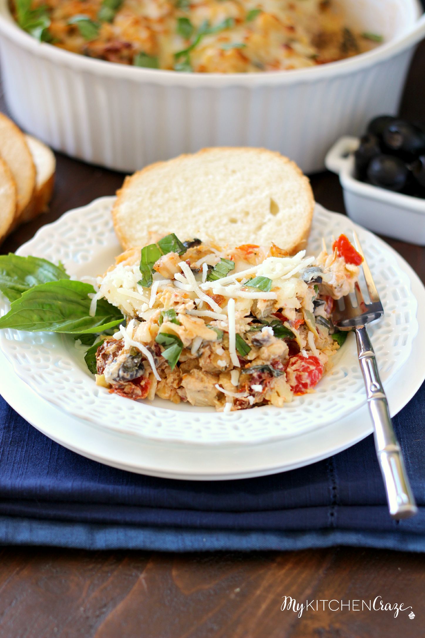 Mediterranean Chicken Pasta Bake ~ mykitchencraze.com ~ Creamy pasta, filled with delicious vegetables and baked to perfection!