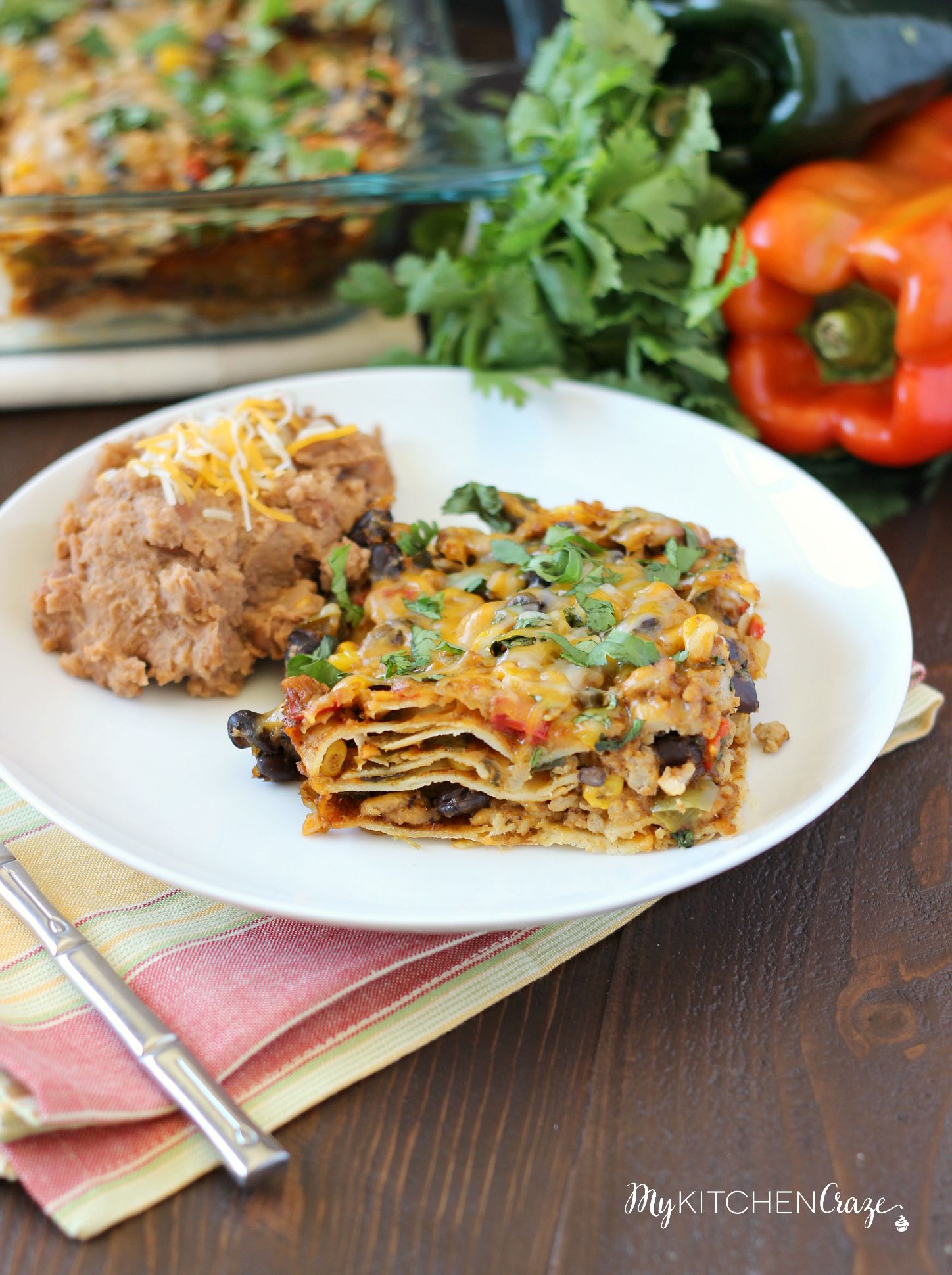 Tex-Mex Enchilada Casserole ~ mykitchencraze.com ~ This casserole is filled with corn, black beans, peppers and a delicious homemade enchilada sauce! Delicious!!