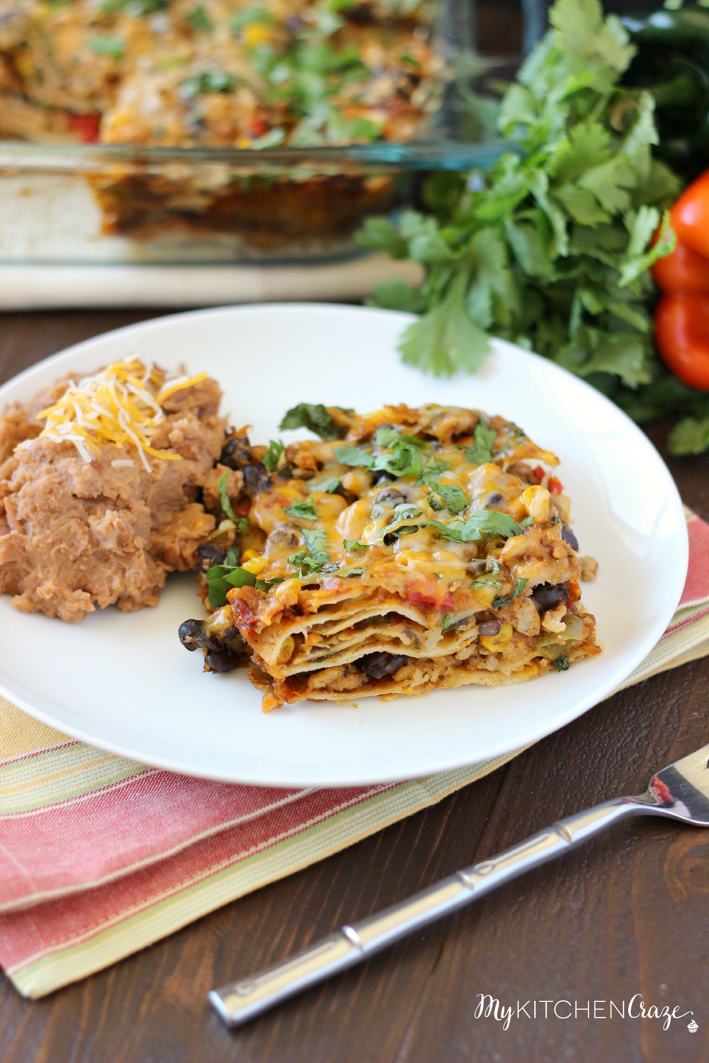 Tex-Mex Enchilada Casserole ~ mykitchencraze.com ~ This casserole is filled with corn, black beans, peppers and a delicious homemade enchilada sauce! Delicious!!