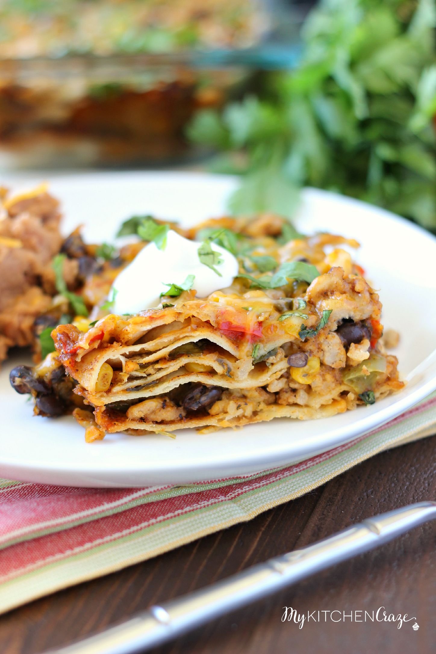 Tex-Mex Enchilada Casserole ~ mykitchencraze.com ~ This casserole is filled with corn, black beans, peppers and a delicious homemade enchilada sauce! Delicious!!