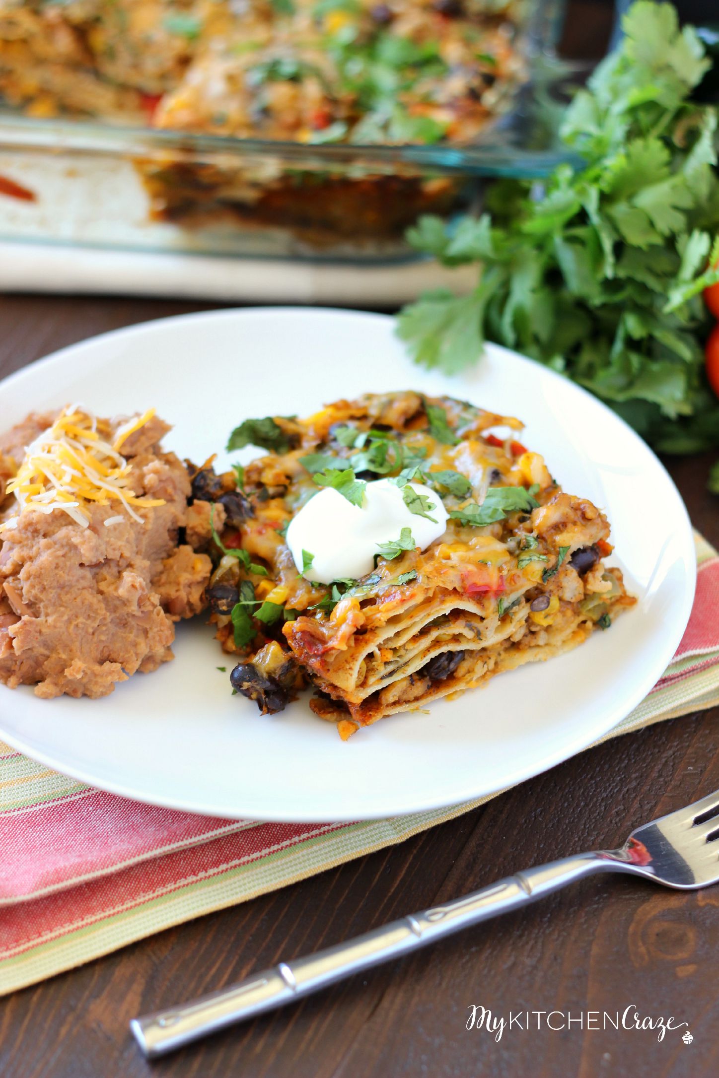 Tex-Mex Enchilada Casserole ~ mykitchencraze.com ~ This casserole is filled with corn, black beans, peppers and a delicious homemade enchilada sauce! Delicious!!