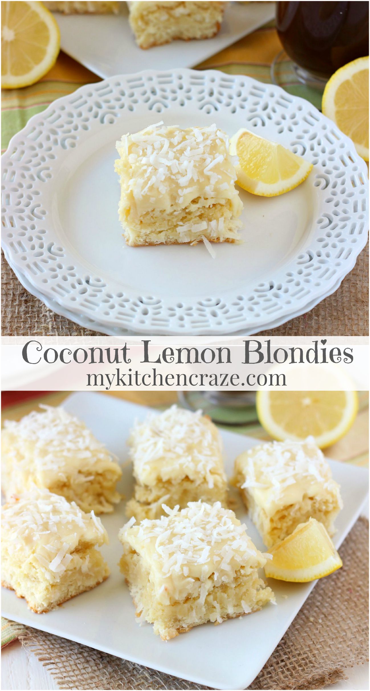 Coconut Lemon Blondies ~ mykitchencraze.com ~ Moist and flavorful coconut lemon blondies, frosted with a creamy white chocolate frosting. These blondies are great for any get together or just because. You'll love them!