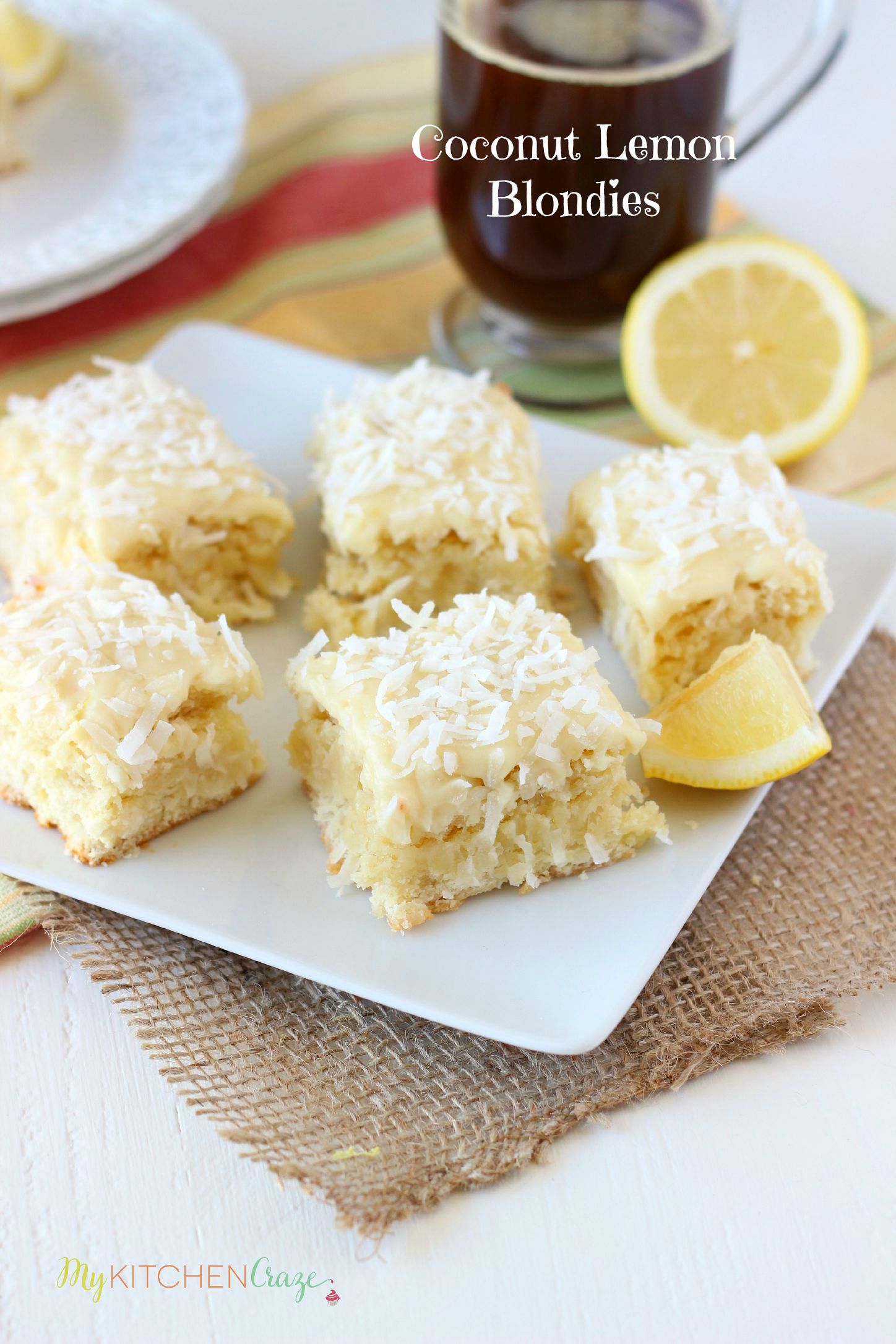 Coconut Lemon Blondies ~ mykitchencraze.com ~ Moist and flavorful coconut lemon blondies, frosted with a creamy white chocolate frosting. These blondies are great for any get together or just because. You'll love them!