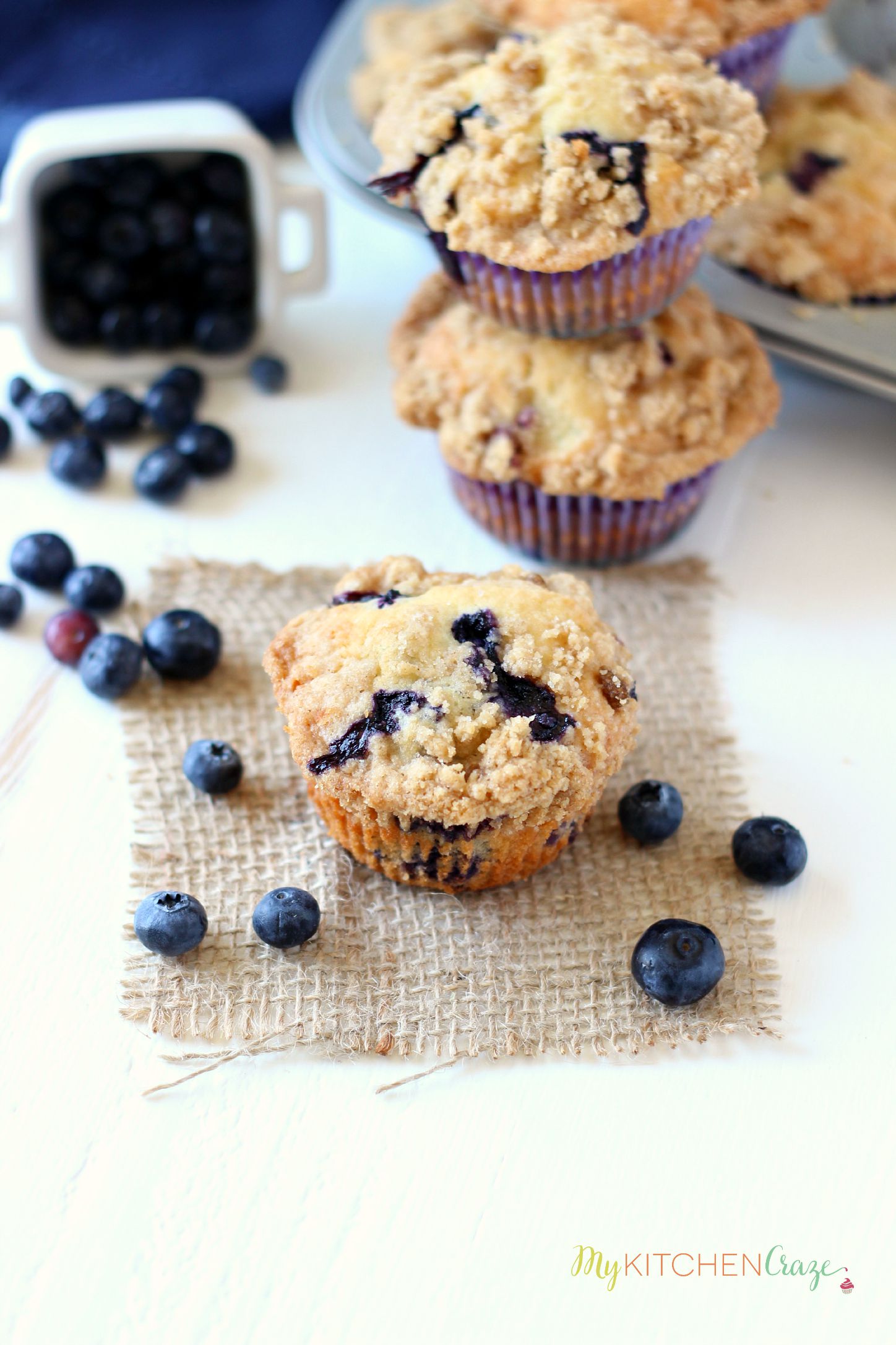 Blueberry Crumb Muffins ~ mykitchencraze.com ~ Muffins are perfect for breakfast. These muffins are loaded with juicy blueberries then topped with a crumb topping.