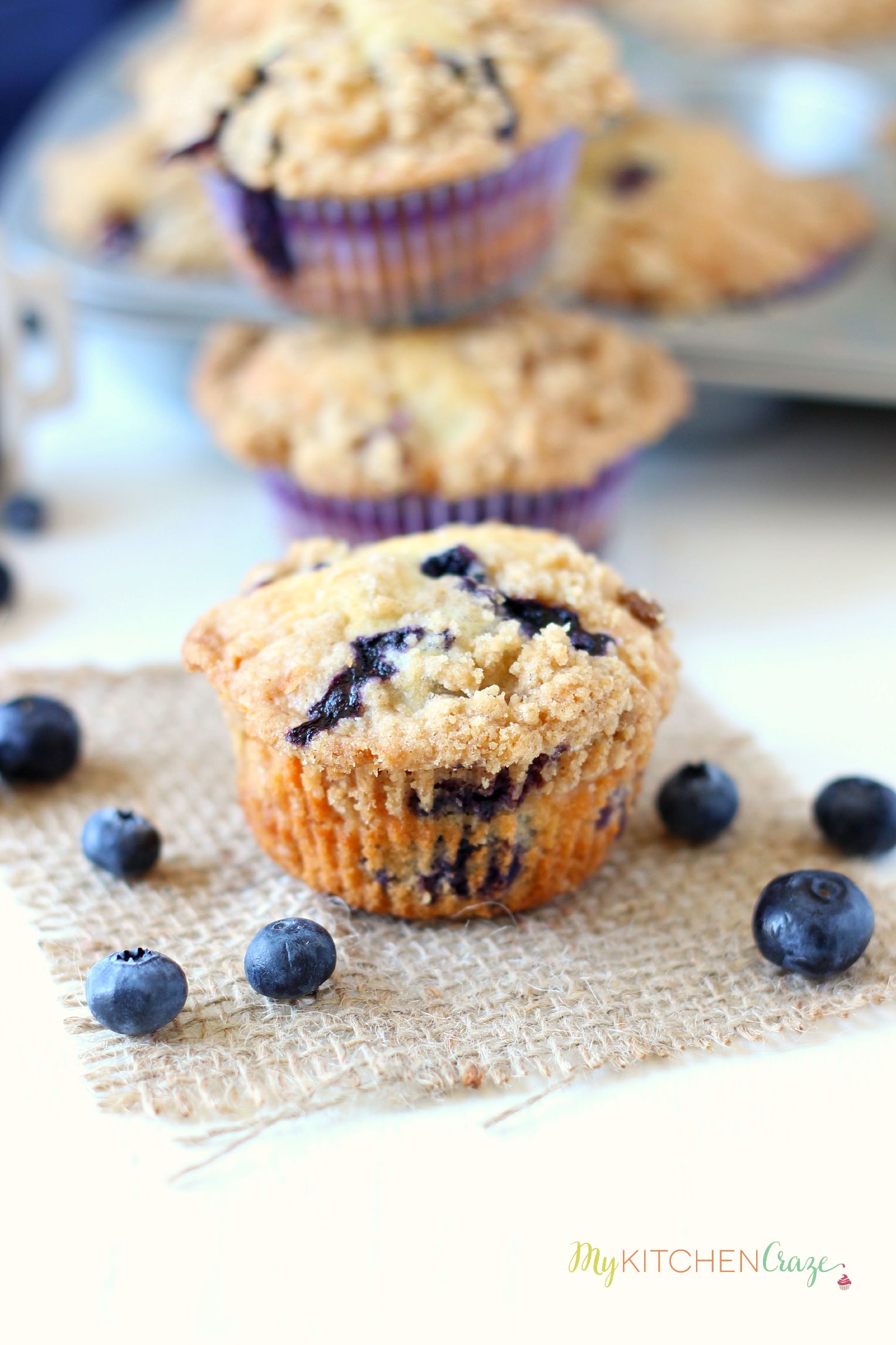 Blueberry Crumb Muffins ~ mykitchencraze.com ~ Muffins are perfect for breakfast. These muffins are loaded with juicy blueberries then topped with a crumb topping.