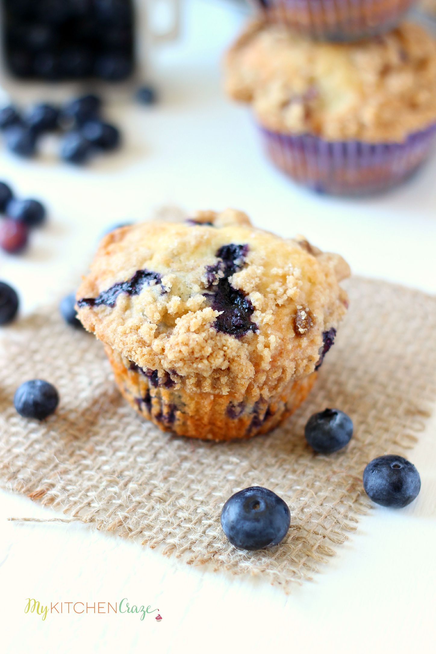 Blueberry Crumb Muffins ~ mykitchencraze.com ~ Muffins are perfect for breakfast. These muffins are loaded with juicy blueberries then topped with a crumb topping.