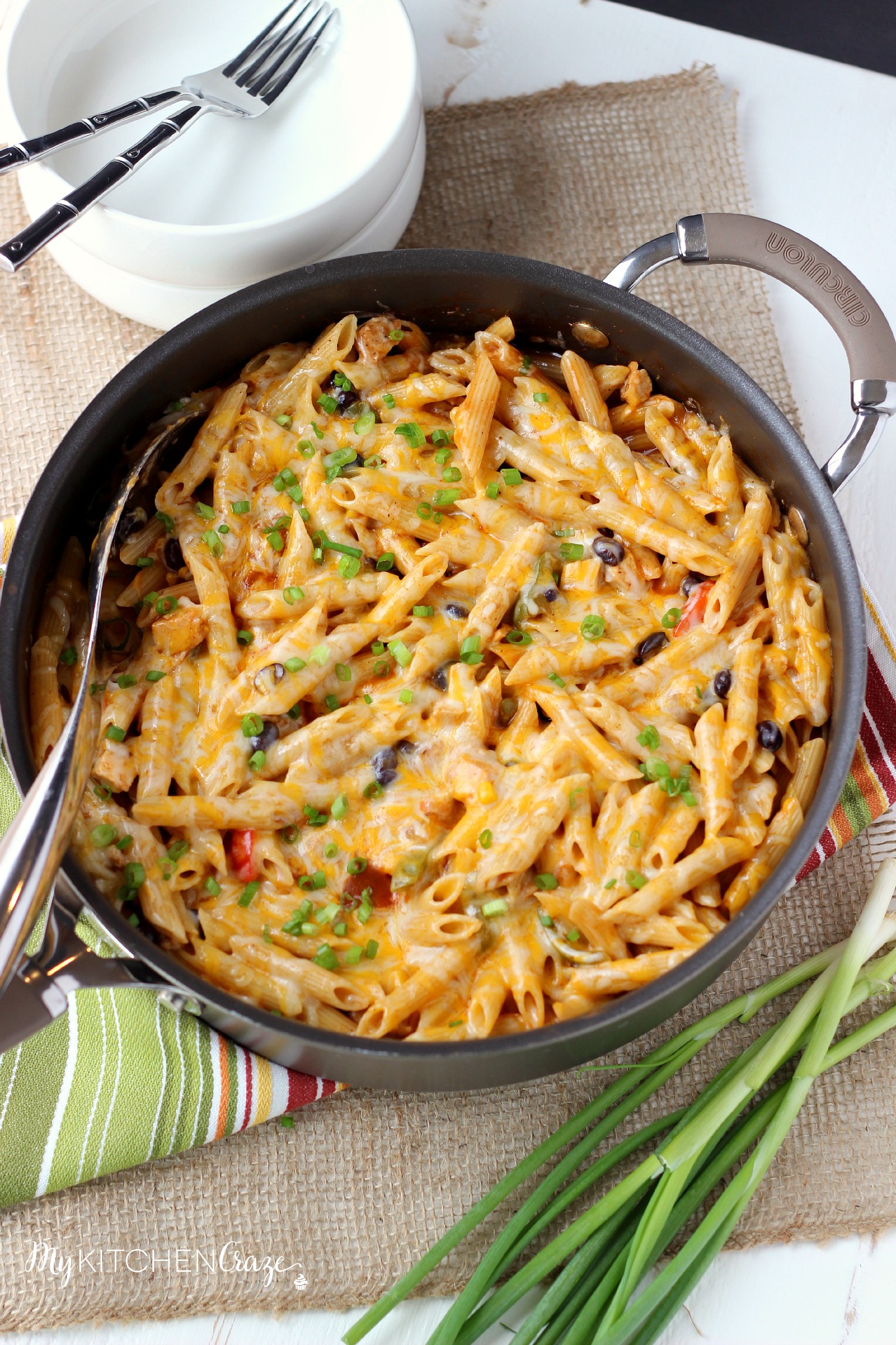 Four Cheese Chicken Enchilada Pasta ~ www.mykitchencraze.com ~ Have an easy and delicious meal on your table within 10 minutes. Quick, easy and a family favorite!