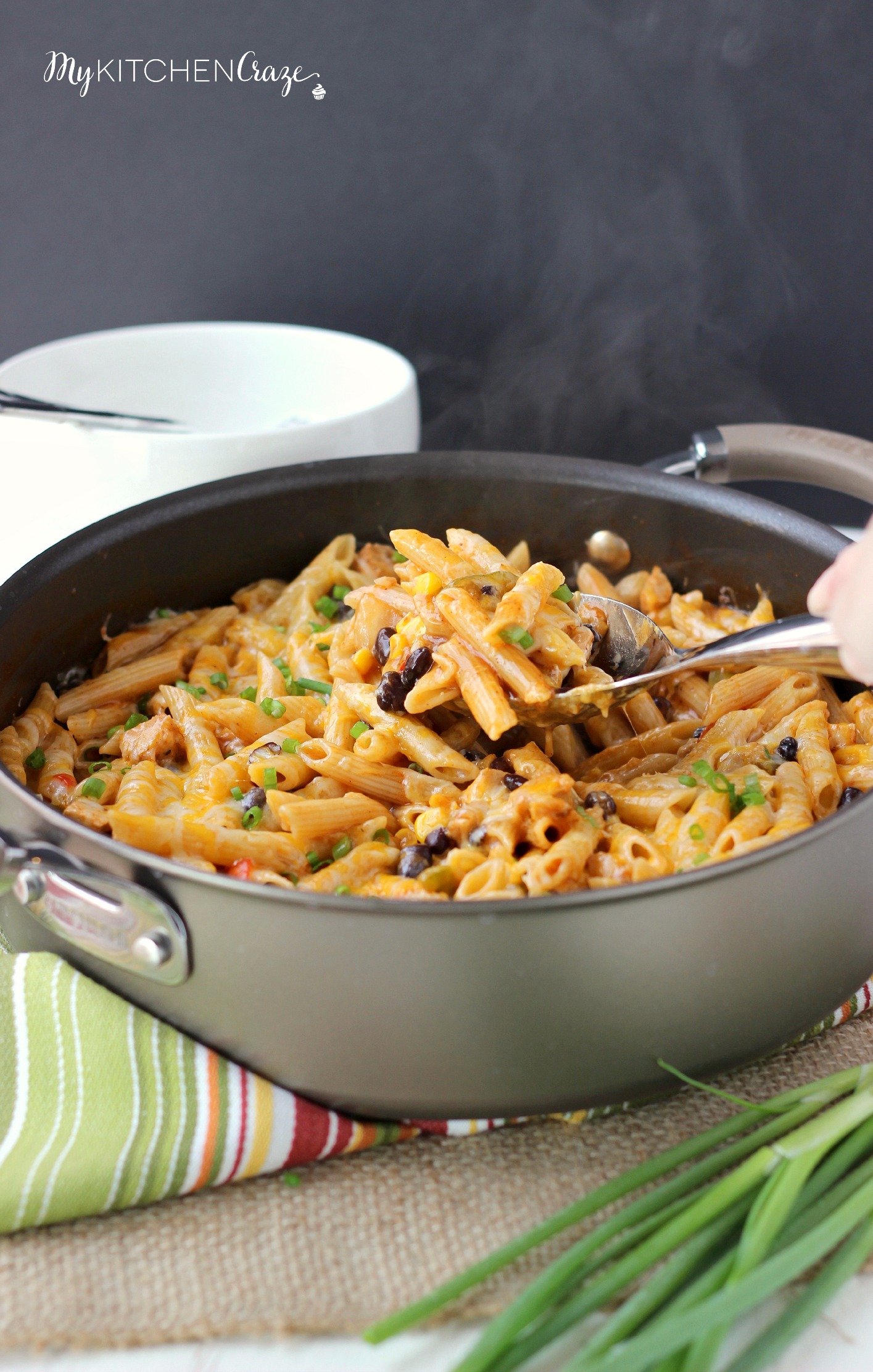 Four Cheese Chicken Enchilada Pasta ~ www.mykitchencraze.com ~ Have an easy and delicious meal on your table within 10 minutes. Quick, easy and a family favorite!