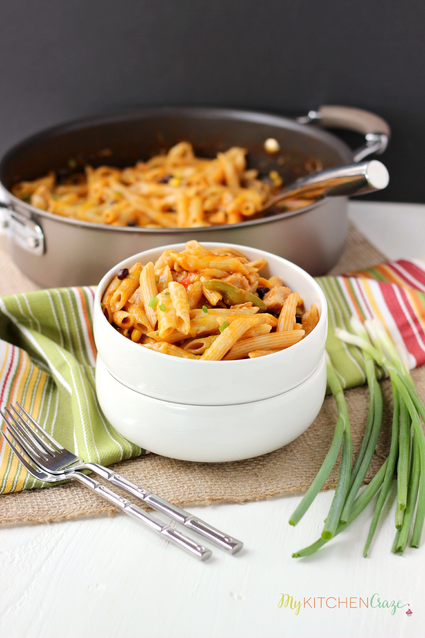 Four Cheese Chicken Enchilada Pasta ~ www.mykitchencraze.com ~ Have an easy and delicious meal on your table within 10 minutes. Quick, easy and a family favorite!