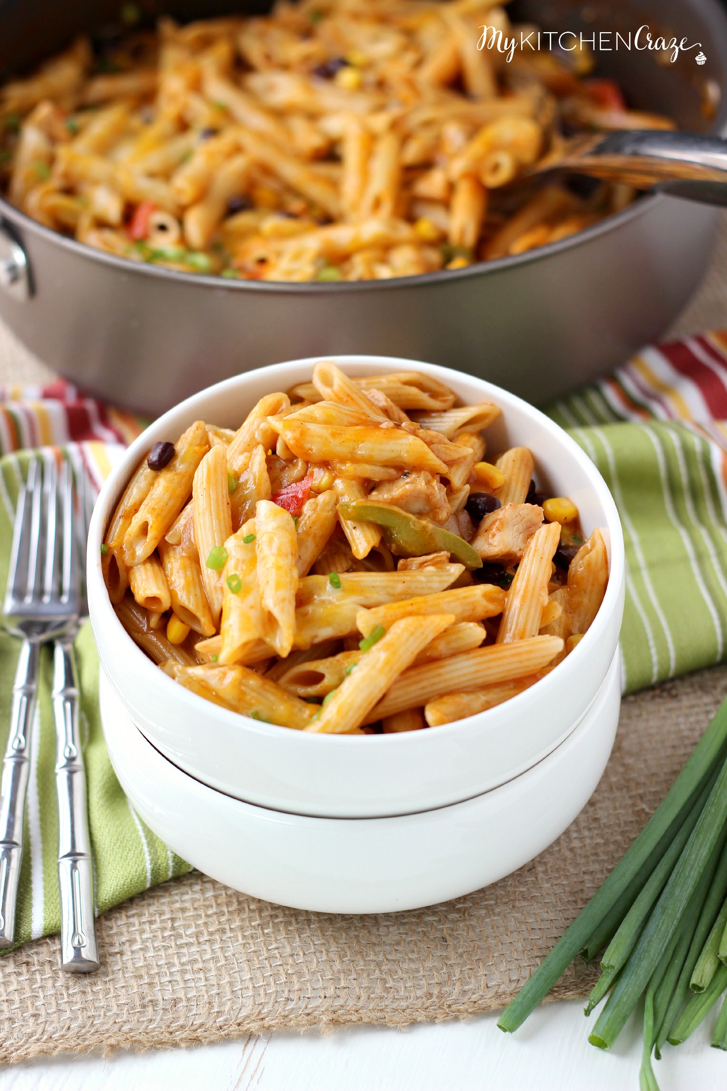 Four Cheese Chicken Enchilada Pasta ~ www.mykitchencraze.com ~ Have an easy and delicious meal on your table within 10 minutes. Quick, easy and a family favorite!