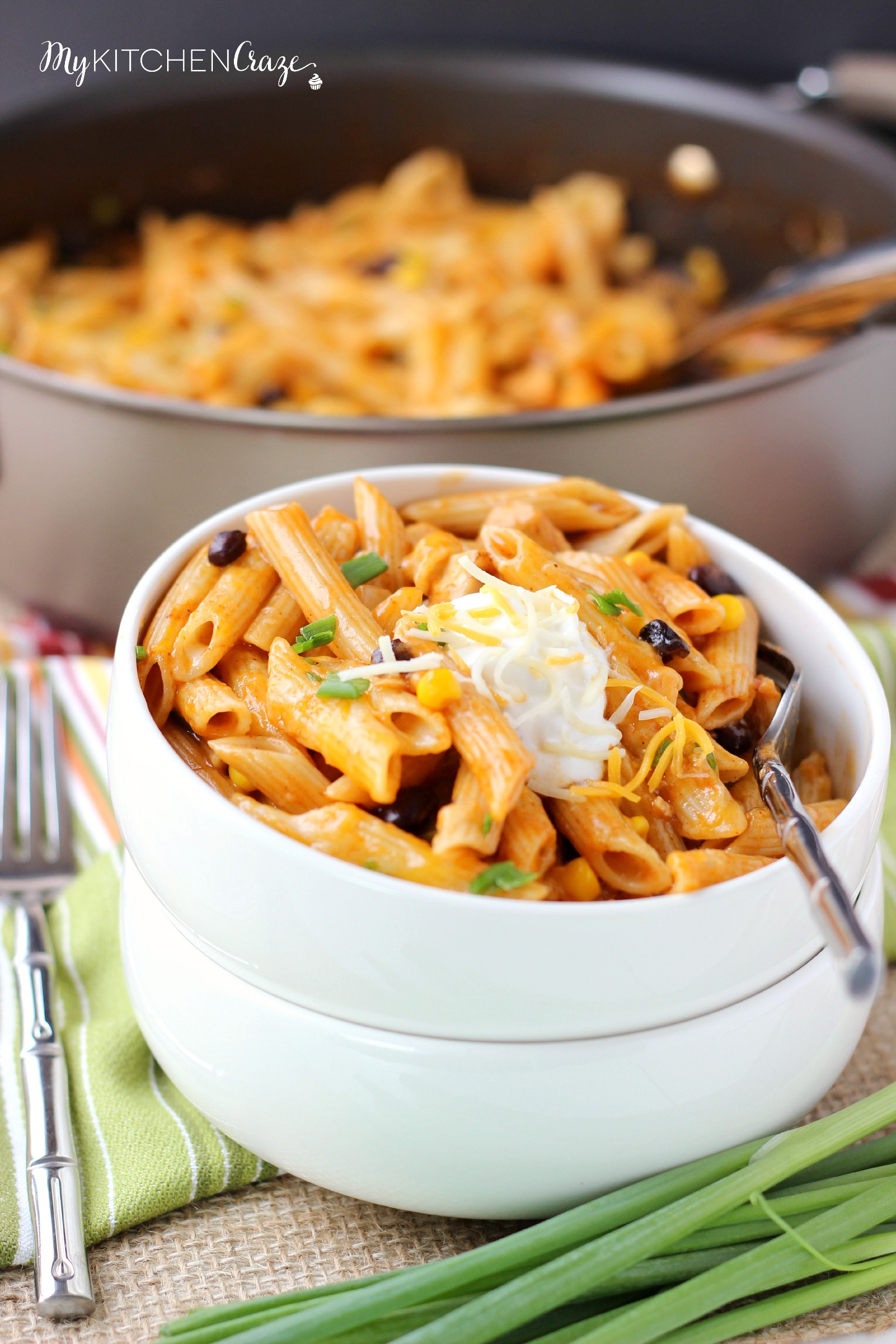 Four Cheese Chicken Enchilada Pasta ~ www.mykitchencraze.com ~ Have an easy and delicious meal on your table within 10 minutes. Quick, easy and a family favorite!