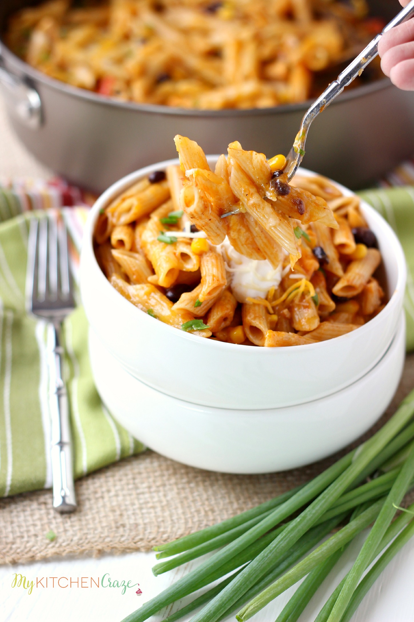 Four Cheese Chicken Enchilada Pasta ~ www.mykitchencraze.com ~ Have an easy and delicious meal on your table within 10 minutes. Quick, easy and a family favorite!