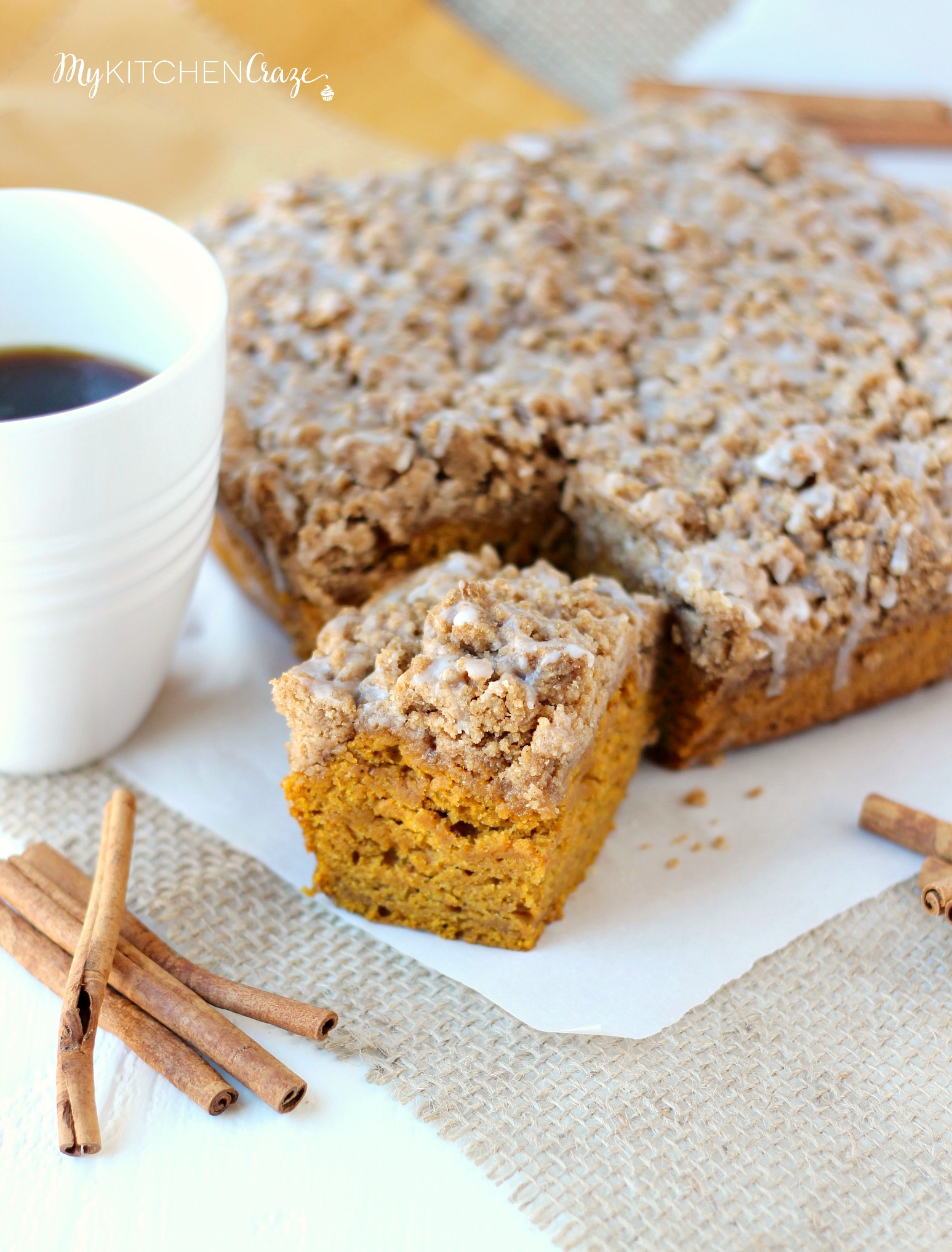 Pumpkin Coffee Cake ~ mykitchencraze.com ~ Delicious and moist, this Pumpkin Coffee Cake will have everyone running back for another slice.