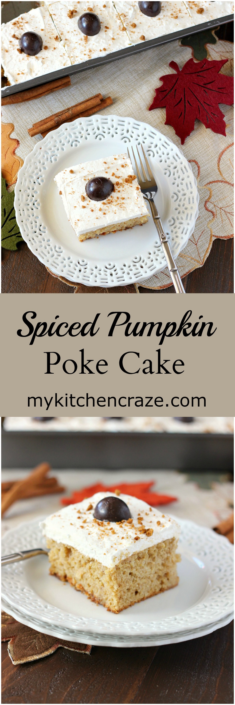 Spiced Pumpkin Poke Cake ~ mykitchencraze.com ~ Moist spiced pumpkin cake smothered with condensed milk, then topped with a cream cheese whipped frosting and a dark chocolate pumpkin. Delicious! #FallFlavors @Target [ad]