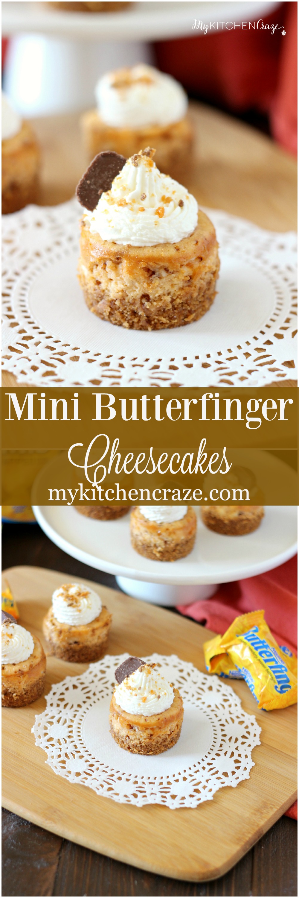 Mini Butterfinger Cheesecakes ~ mykitchencraze.com ~ Delicious cheesecakes swirled with butterfingers candies and topped with whipped cream! Yum! #ReinventSweet #ad