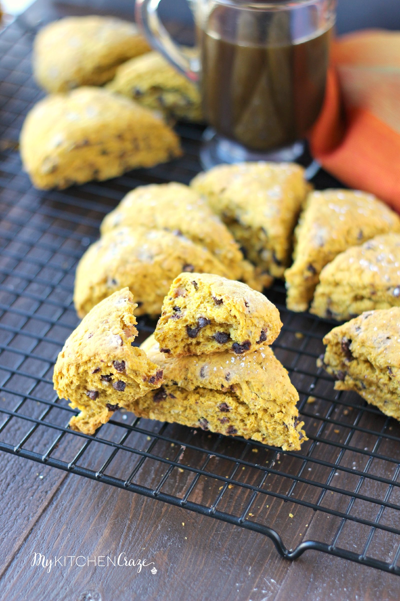 Pumpkin Oatmeal Chocolate Chip Scones ~ mykitchencraze.com ~ A perfect fall treat to go with your morning coffee/tea!