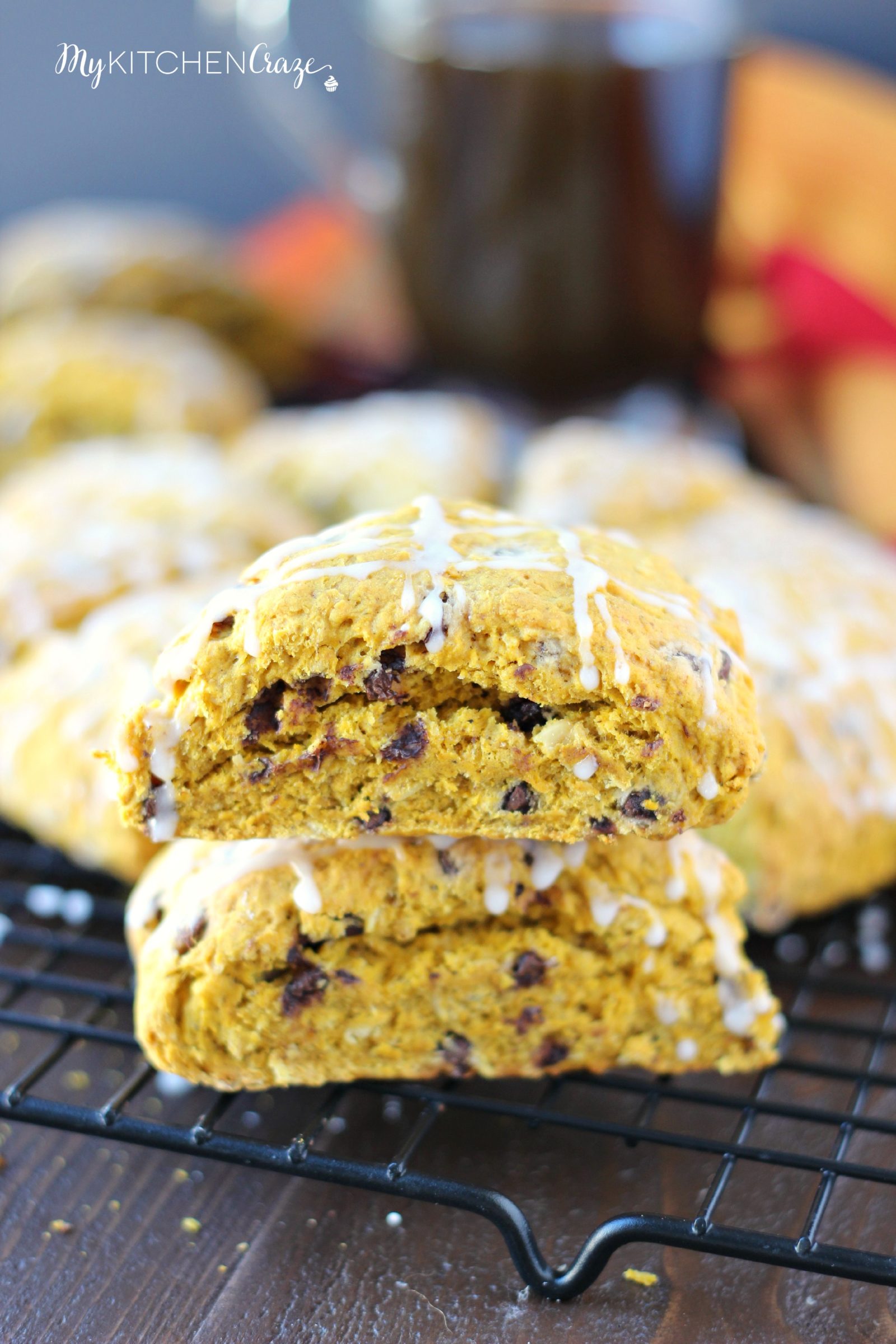 Pumpkin Oatmeal Chocolate Chip Scones ~ mykitchencraze.com ~ A perfect fall treat to go with your morning coffee/tea!