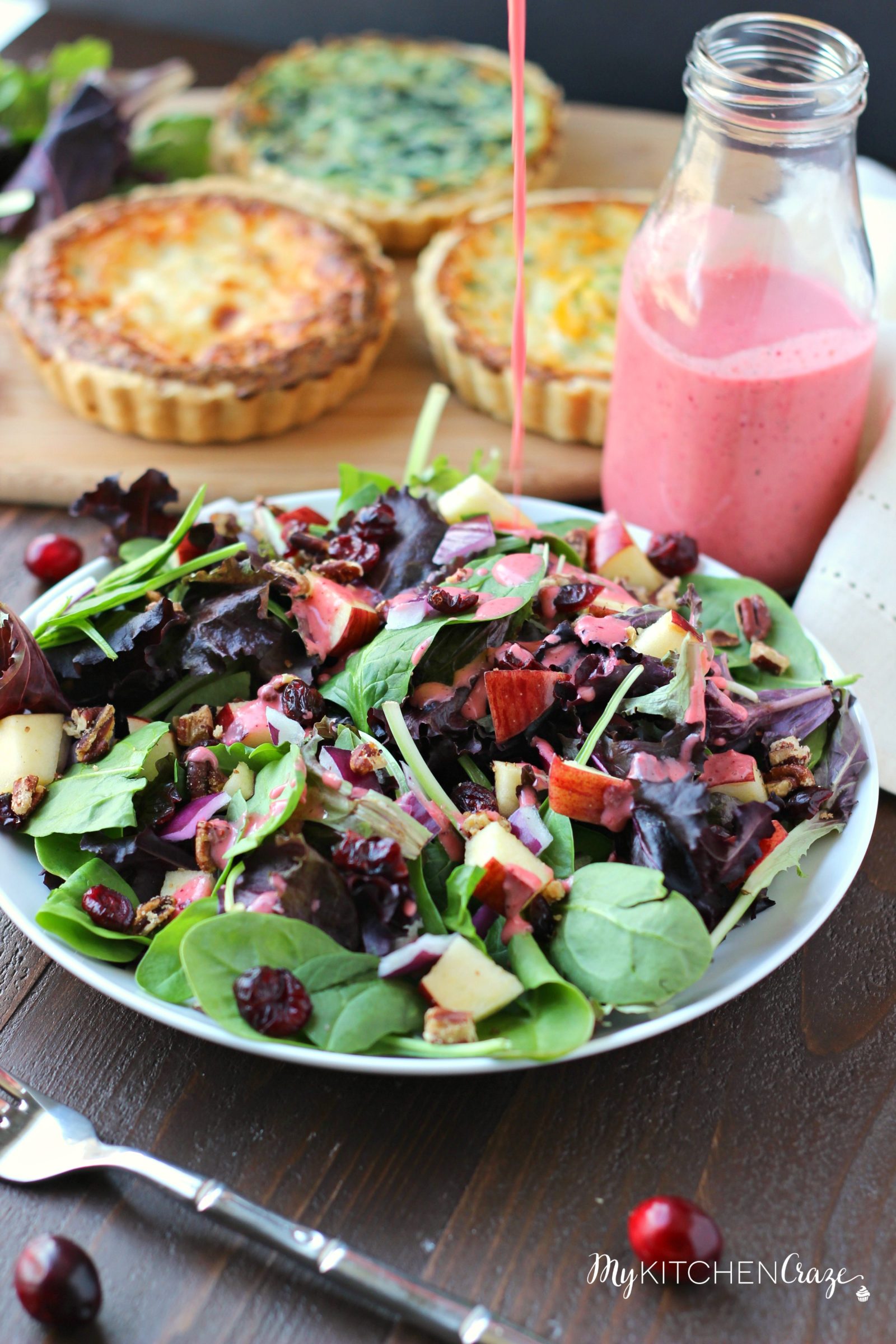 Cranberry Apple Spring Mix Salad ~ mykitchencraze.com ~ Enjoy this delicious holiday spring mix salad. Loaded with apples, pecans, dried cranberries and a decadent cranberry vinaigrette.