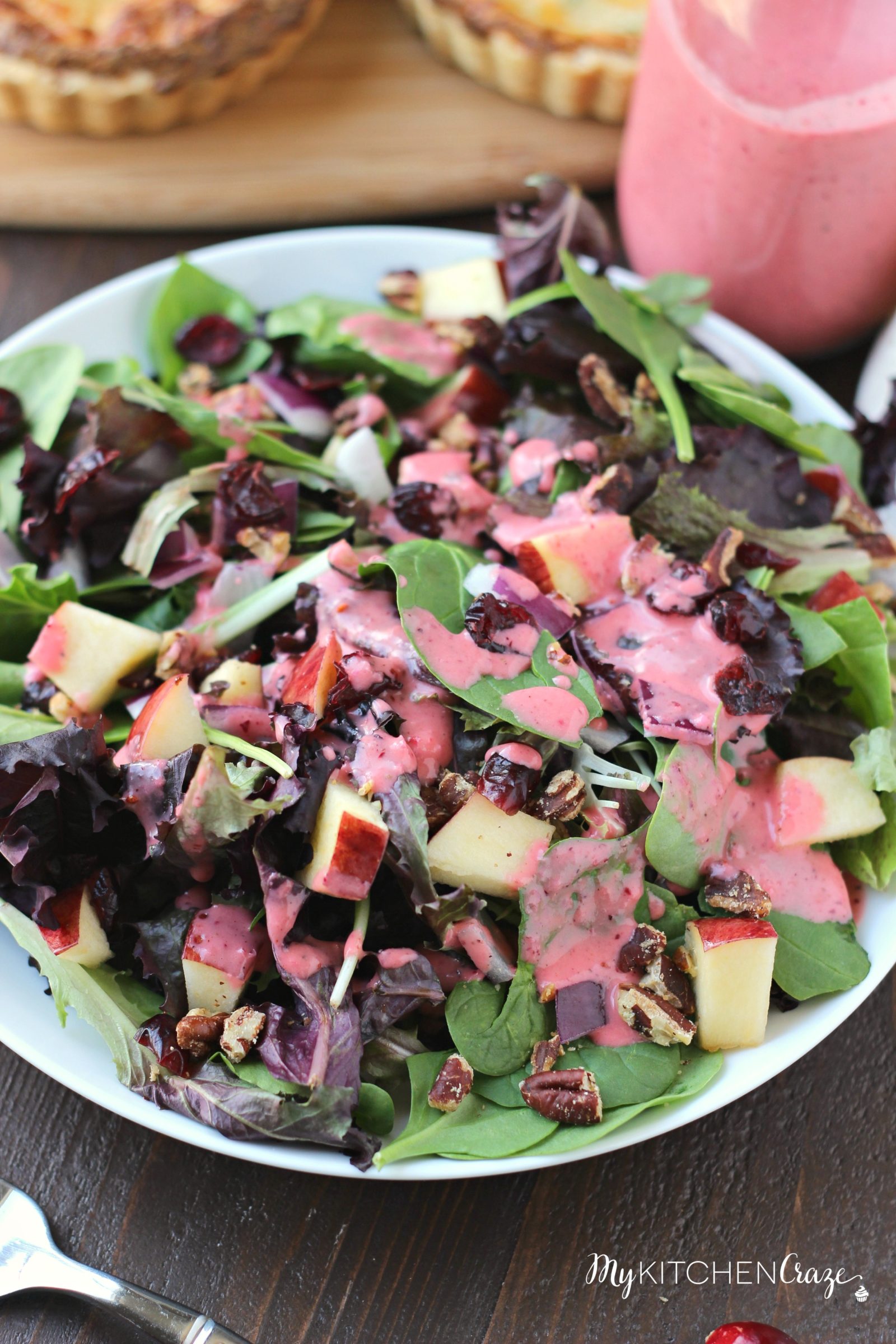 Cranberry Apple Spring Mix Salad ~ mykitchencraze.com ~ Enjoy this delicious holiday spring mix salad. Loaded with apples, pecans, dried cranberries and a decadent cranberry vinaigrette.