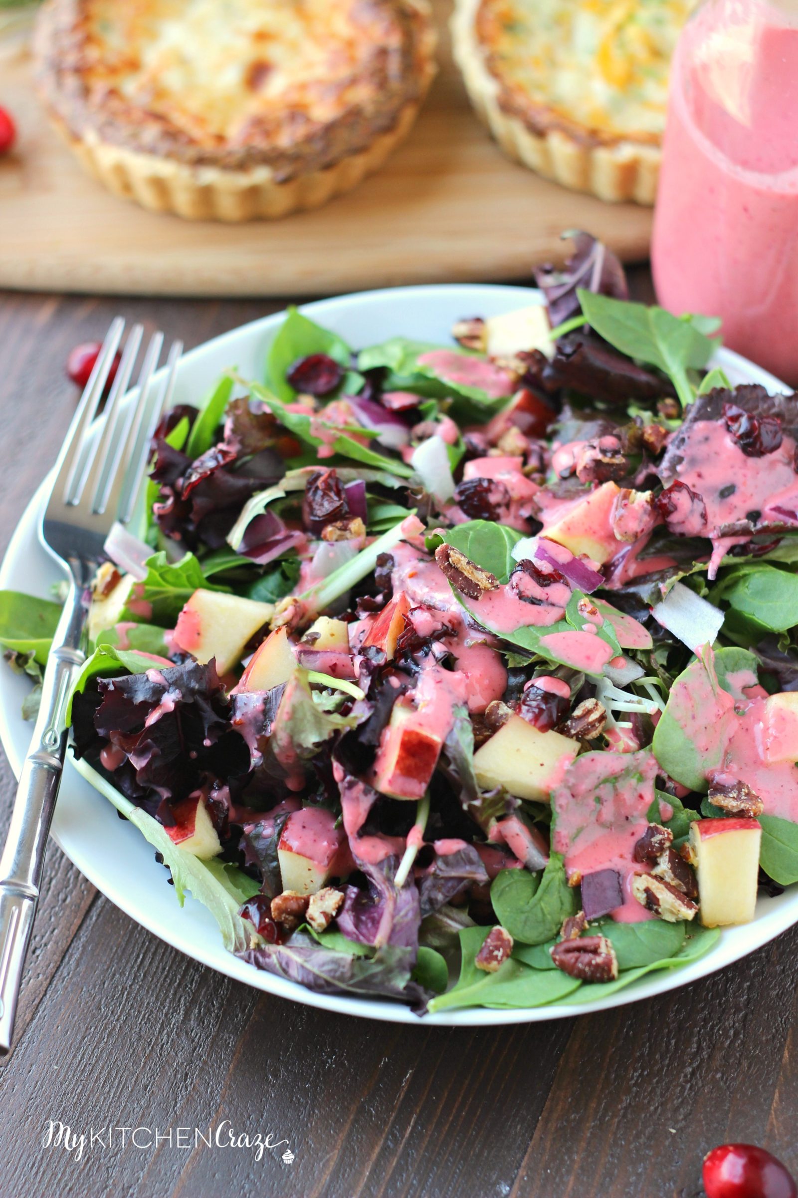 Cranberry Apple Spring Mix Salad ~ mykitchencraze.com ~ Enjoy this delicious holiday spring mix salad. Loaded with apples, pecans, dried cranberries and a decadent cranberry vinaigrette.