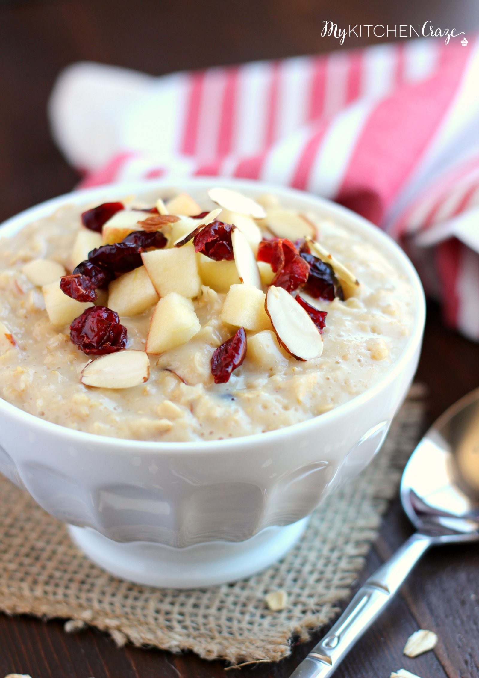 Cranberry Apple Oatmeal ~ mykitchencraze.com ~ Enjoy this creamy delicious oatmeal loaded with dried cranberries and apples. Breakfast never tasted so good.