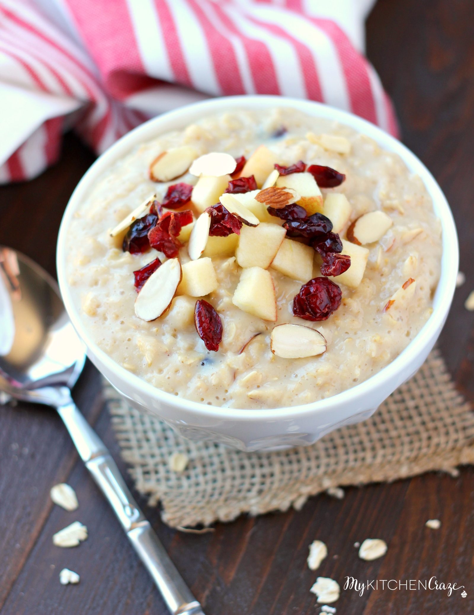 Cranberry Apple Oatmeal ~ mykitchencraze.com ~ Enjoy this creamy delicious oatmeal loaded with dried cranberries and apples. Breakfast never tasted so good.