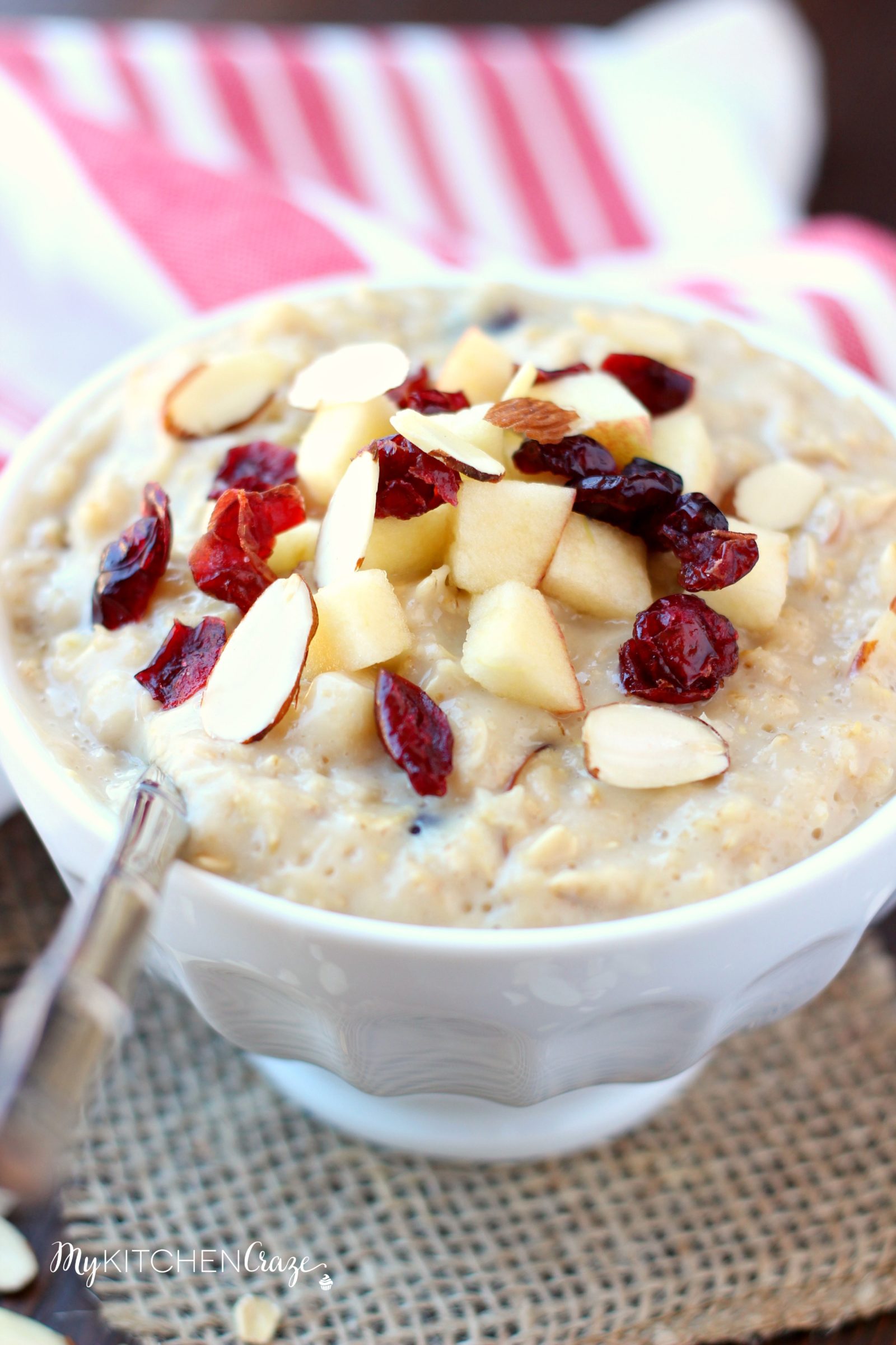 Cranberry Apple Oatmeal ~ mykitchencraze.com ~ Enjoy this creamy delicious oatmeal loaded with dried cranberries and apples. Breakfast never tasted so good.