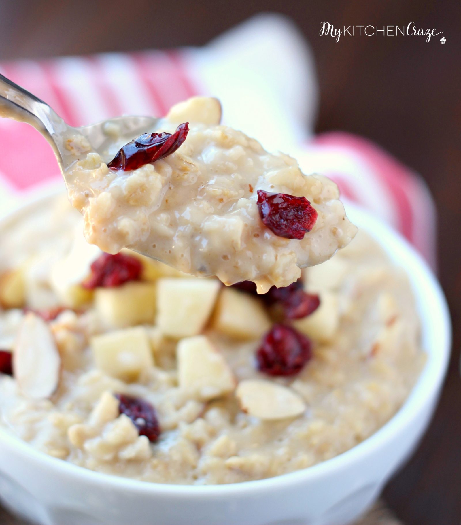 Cranberry Apple Oatmeal ~ mykitchencraze.com ~ Enjoy this creamy delicious oatmeal loaded with dried cranberries and apples. Breakfast never tasted so good.