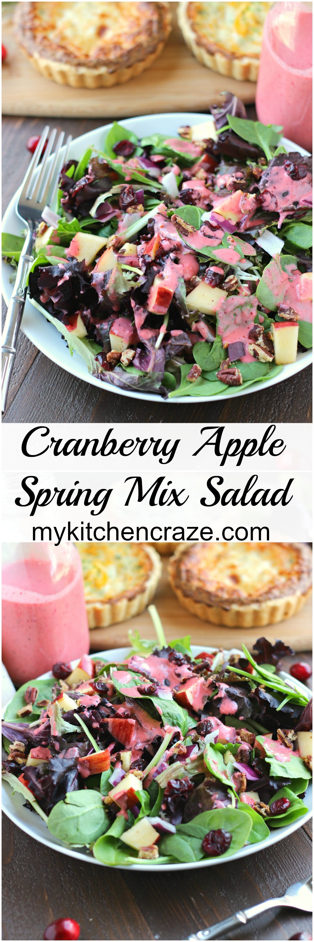 Cranberry Apple Spring Mix Salad ~ mykitchencraze.com ~ Enjoy this delicious holiday spring mix salad. Loaded with apples, pecans, dried cranberries and a decadent cranberry vinaigrette.