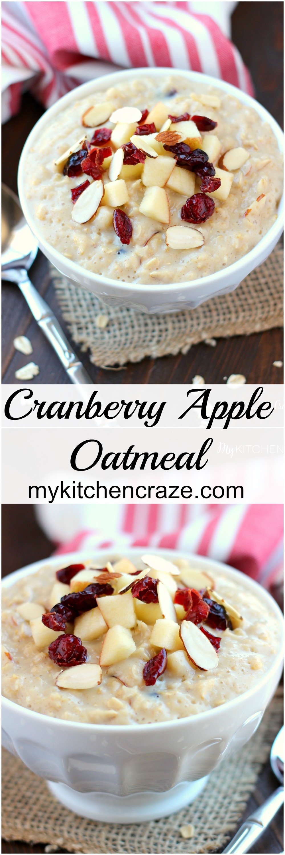 Cranberry Apple Oatmeal ~ mykitchencraze.com ~ Enjoy this creamy delicious oatmeal loaded with dried cranberries and apples. Breakfast never tasted so good.