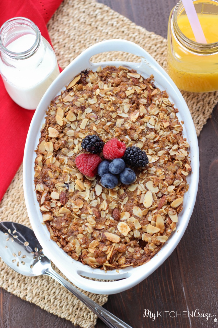 Almond Berry Baked Oatmeal ~ mykitchencraze.com ~ Perfect for those mornings where you want something hearty and delicious. Packed with mixed fruits and almonds. This is one yummy breakfast!