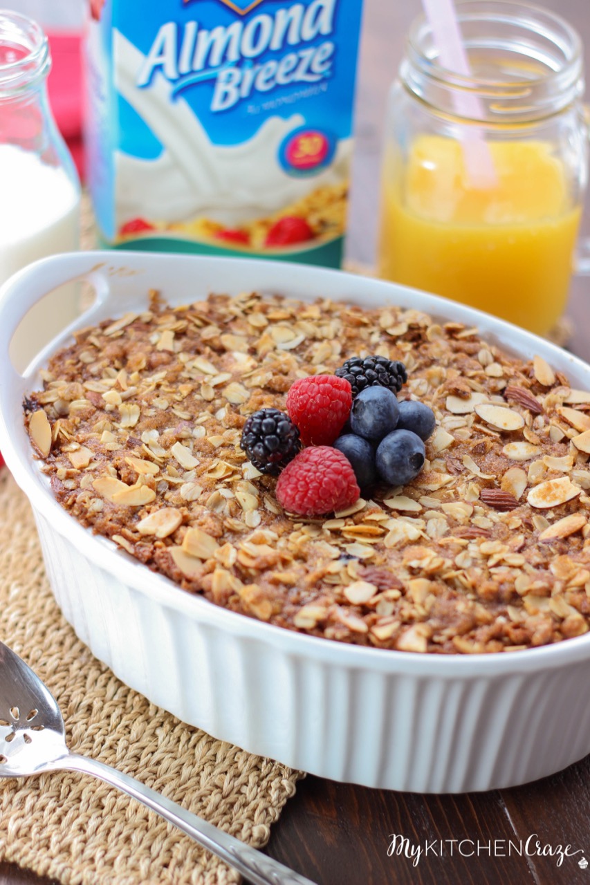 Almond Berry Baked Oatmeal ~ mykitchencraze.com ~ Perfect for those mornings where you want something hearty and delicious. Packed with mixed fruits and almonds. This is one yummy breakfast!